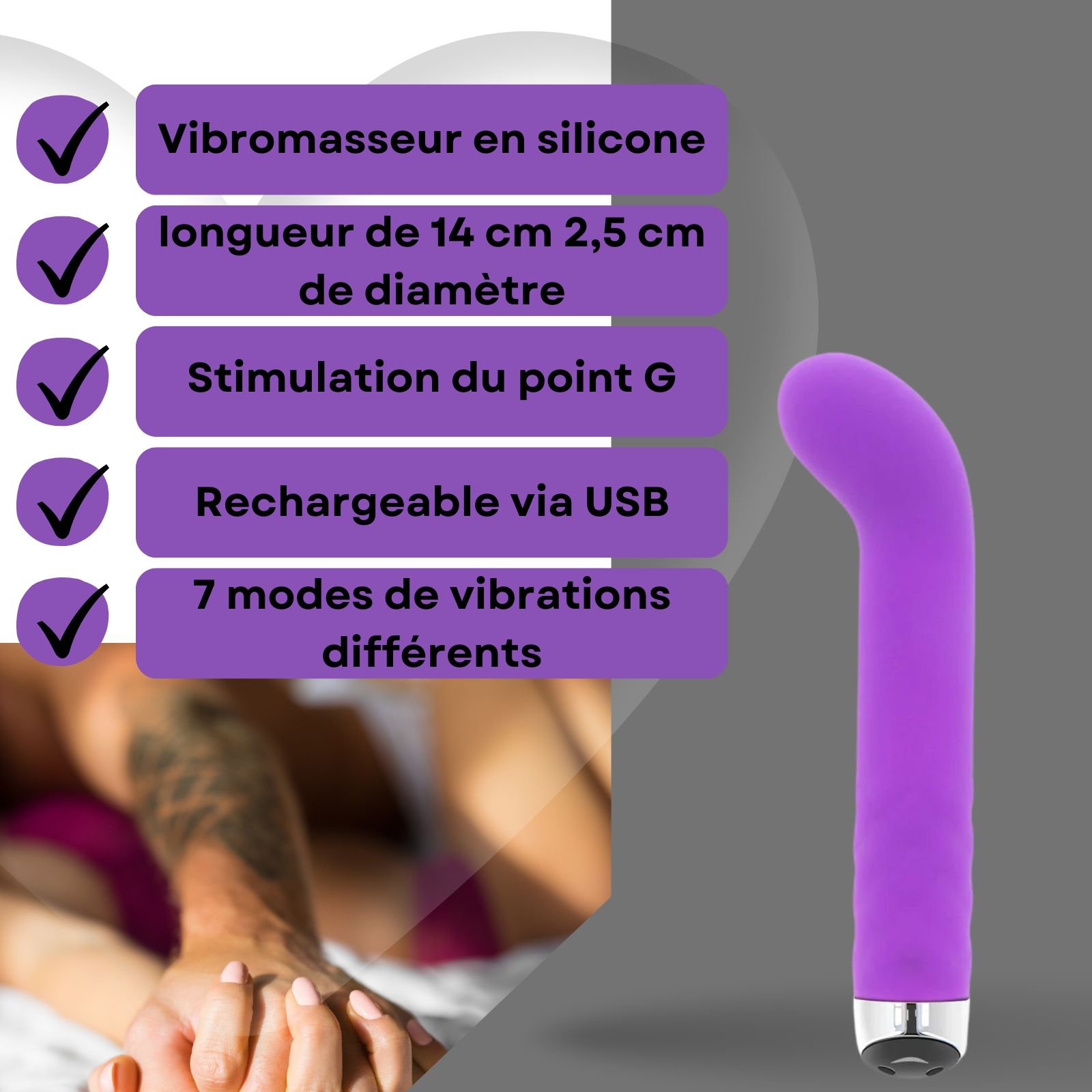 Vibrateur violet. Texte avec caractéristiques: silicone, 14cm long, 2,5cm diamètre, G-spot, USB, 7 modes.