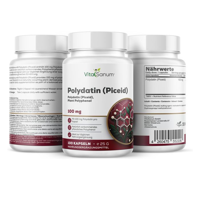 Drie containers VitaSanum Polydatin (Piceid) capsules, 100 mg. Eén vooraan, twee achteraan.