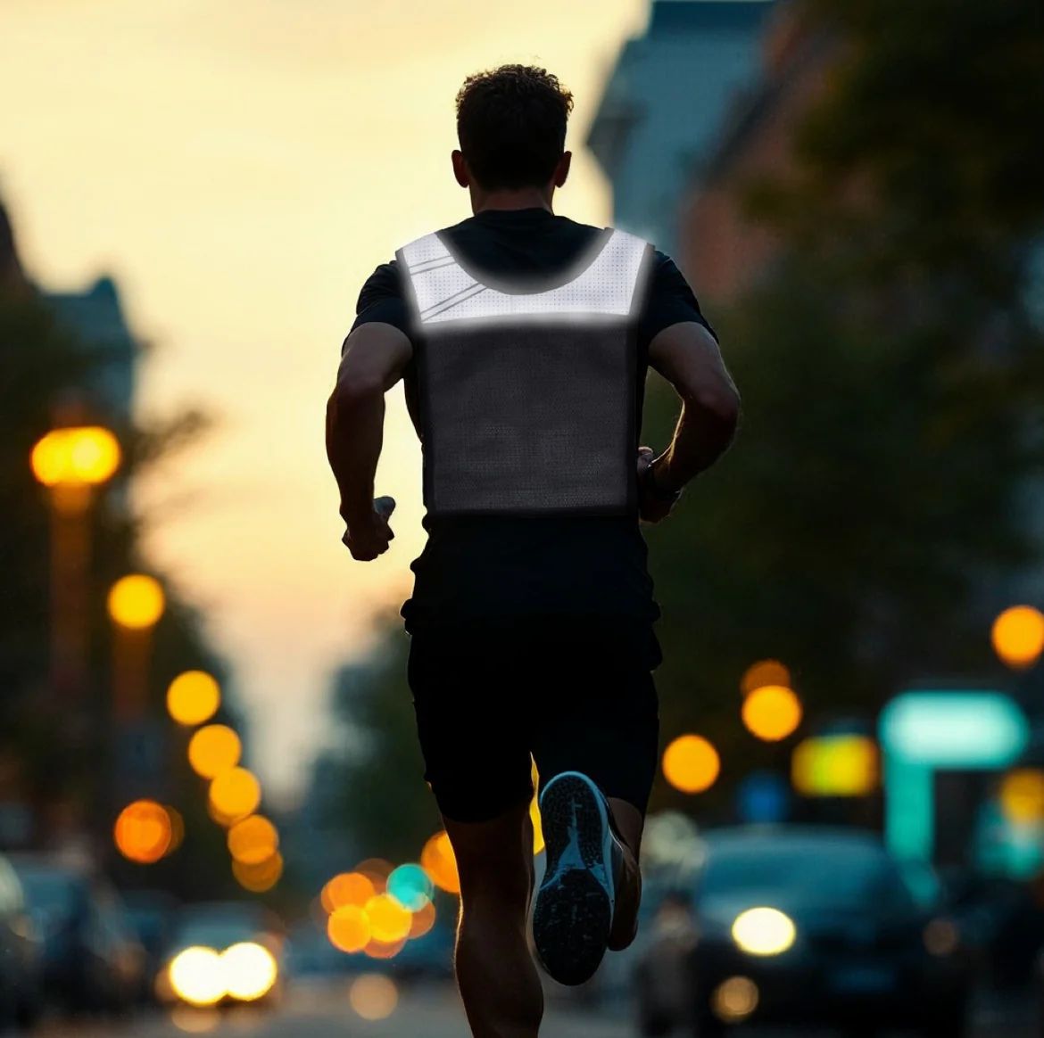 Personne courant en ville. Porte un gilet de course noir avec éléments réfléchissants. Éclairage urbain du soir.