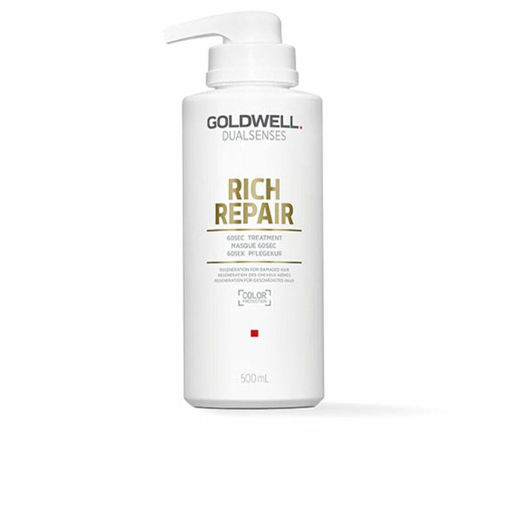 Goldwell Dualsenses Rich Repair 60 Sekunden Treatment. Witte fles met pomp. Productnaam en logo. 500ml.