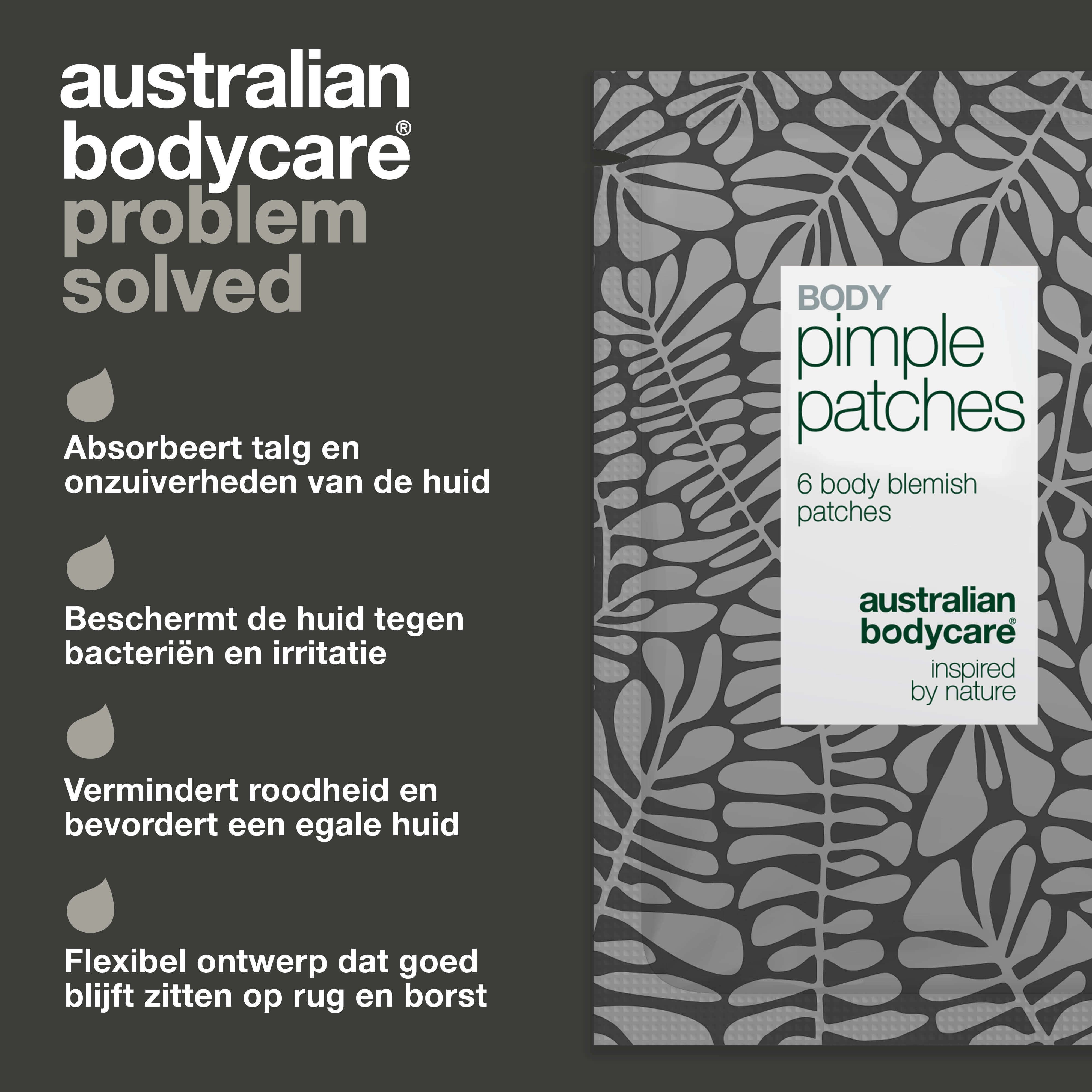 Verpakking 'Body Pimple Patches' naast tekst. Tekst: voordelen van het product, zoals 'absorbeert talg'.