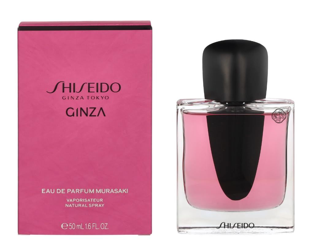 Roze doos en glazen fles. Fles met roze vloeistof, zwarte dop. Shiseido-logo.