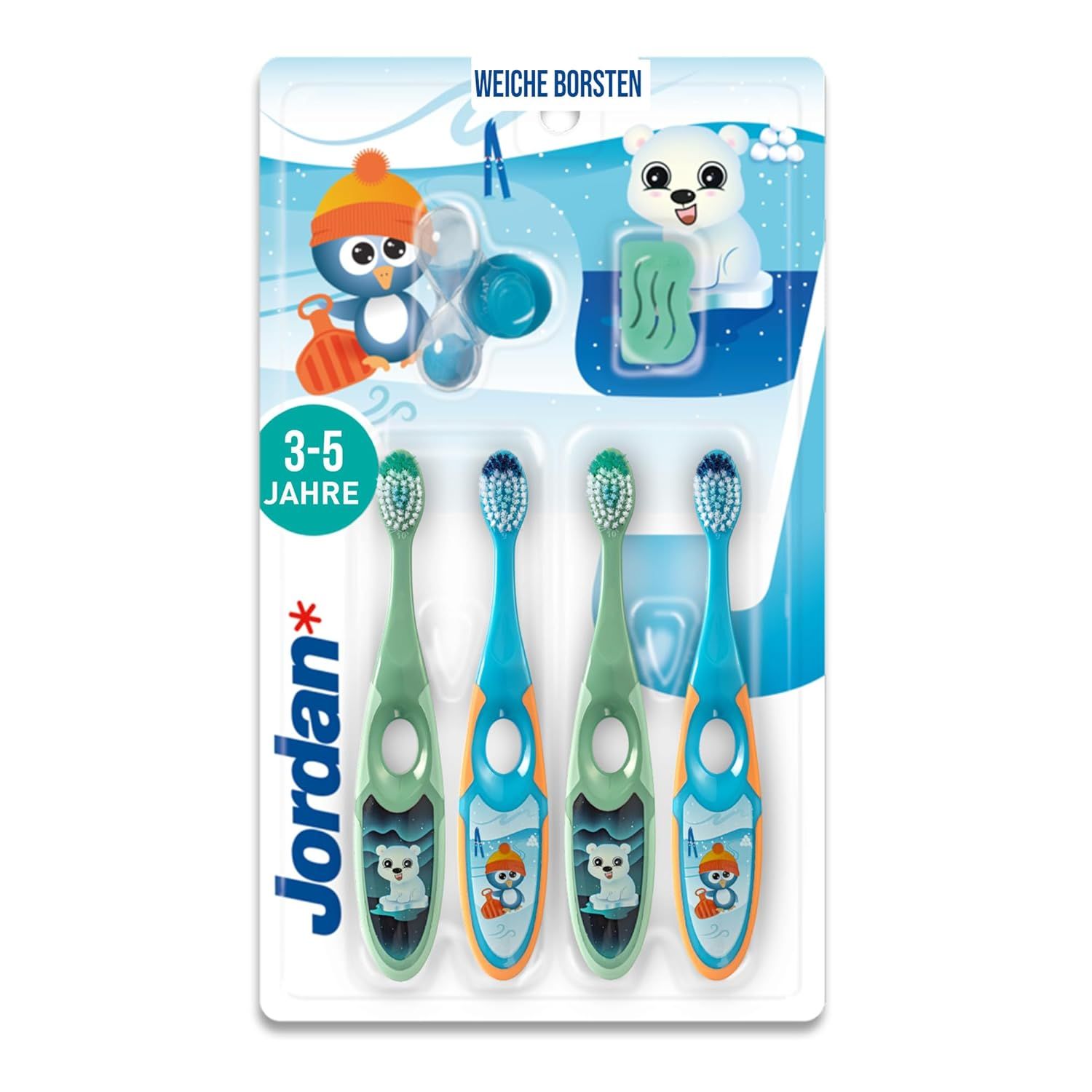 Ensemble de brosses à dents pour enfants. Quatre brosses à dents vertes et bleues, emballées sous blister. Motifs animaux et inscription "Jordan".
