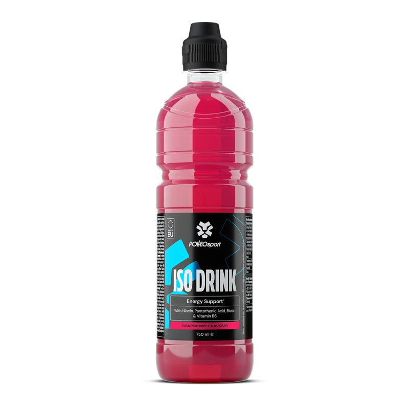 Fles rode drank. Zwarte dop. Opschrift: ISO DRINK, Energy Support. Merk: PolleoSport. 750 ml.