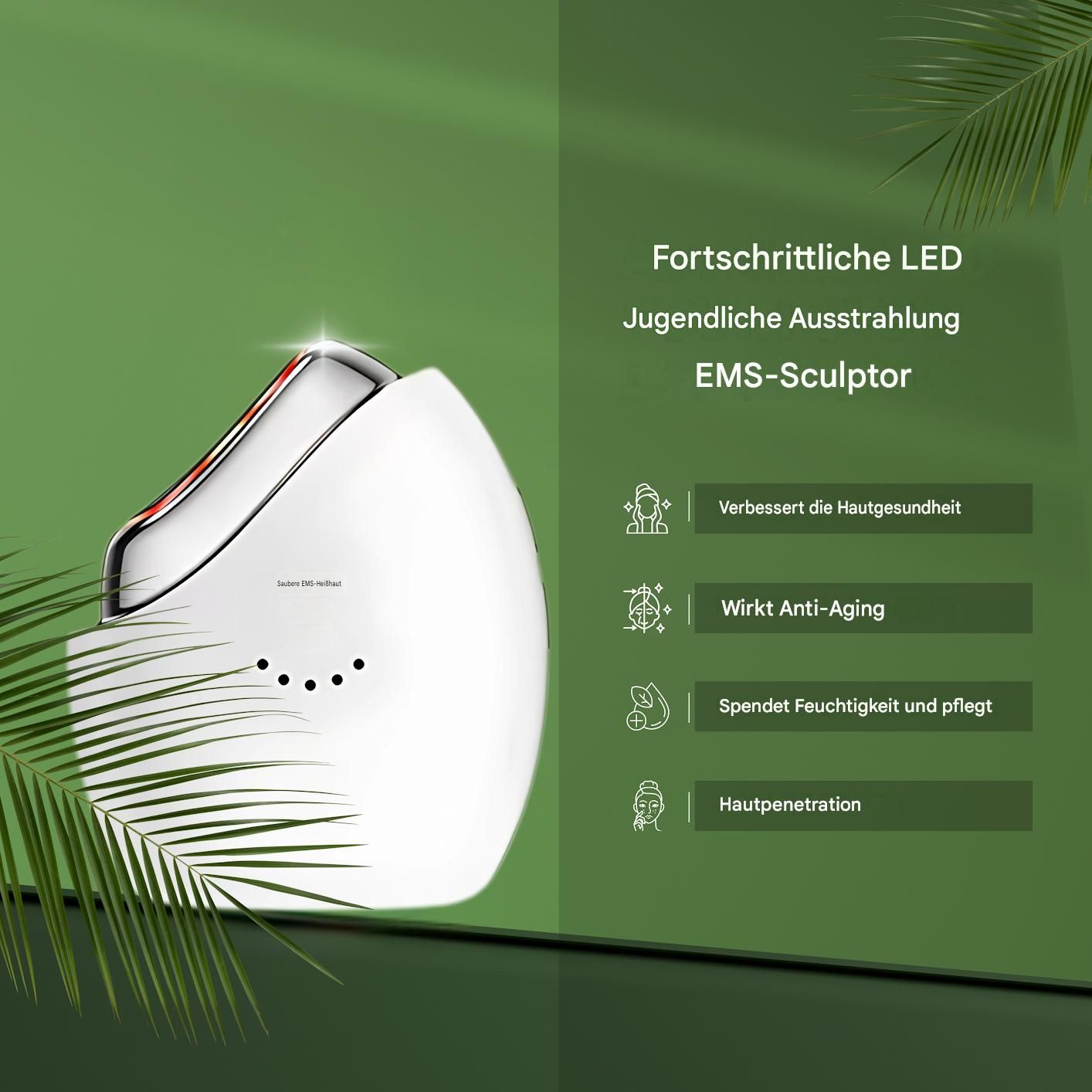 Witte EMS gezichtsmassager met zilveren punt. Tekst benadrukt voordelen: huidgezondheid, anti-aging.