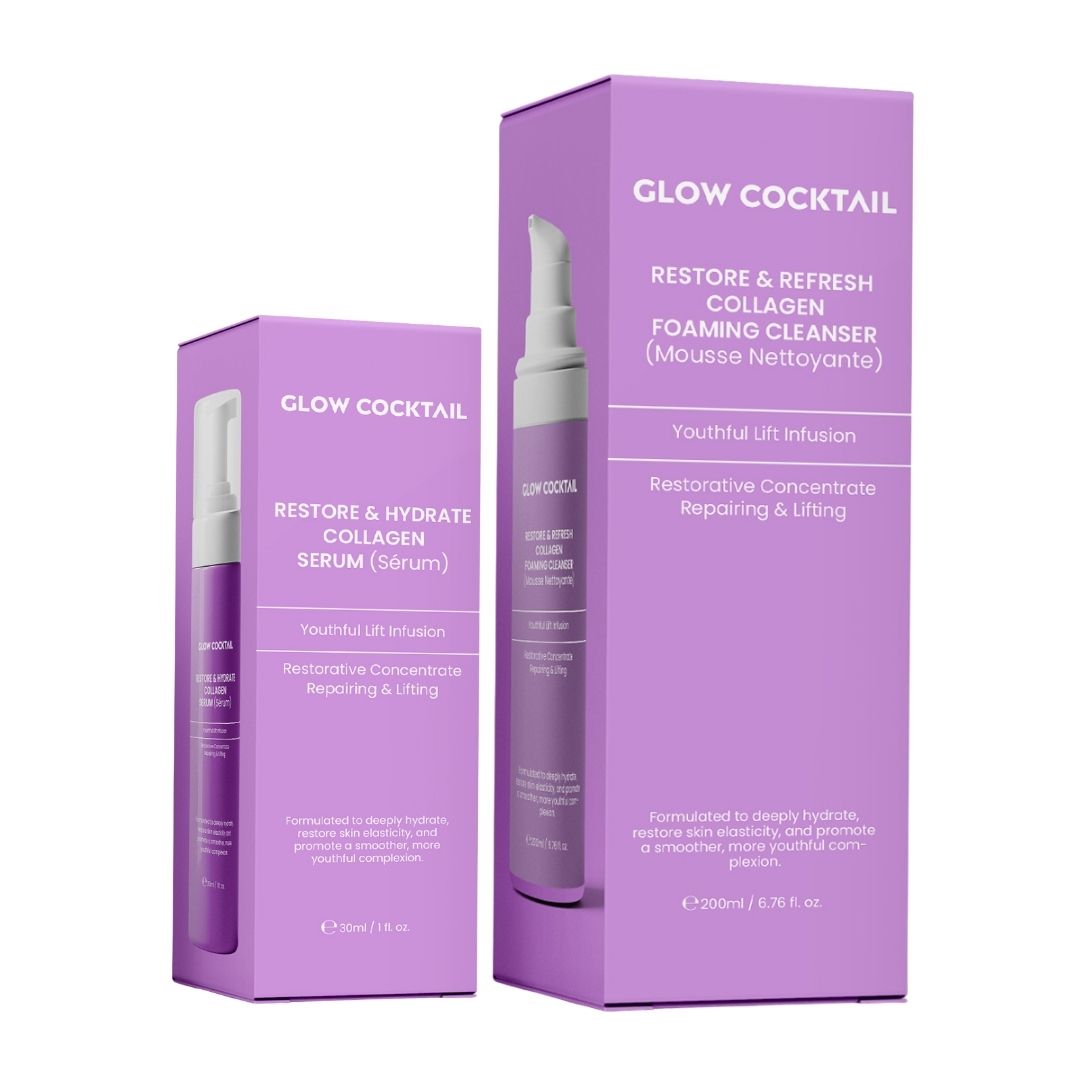 Deux produits dans un emballage violet. Inscription : Glow Cocktail, Restore & Refresh Collagen Foaming Cleanser, Restore & Hydrate Collagen Serum.