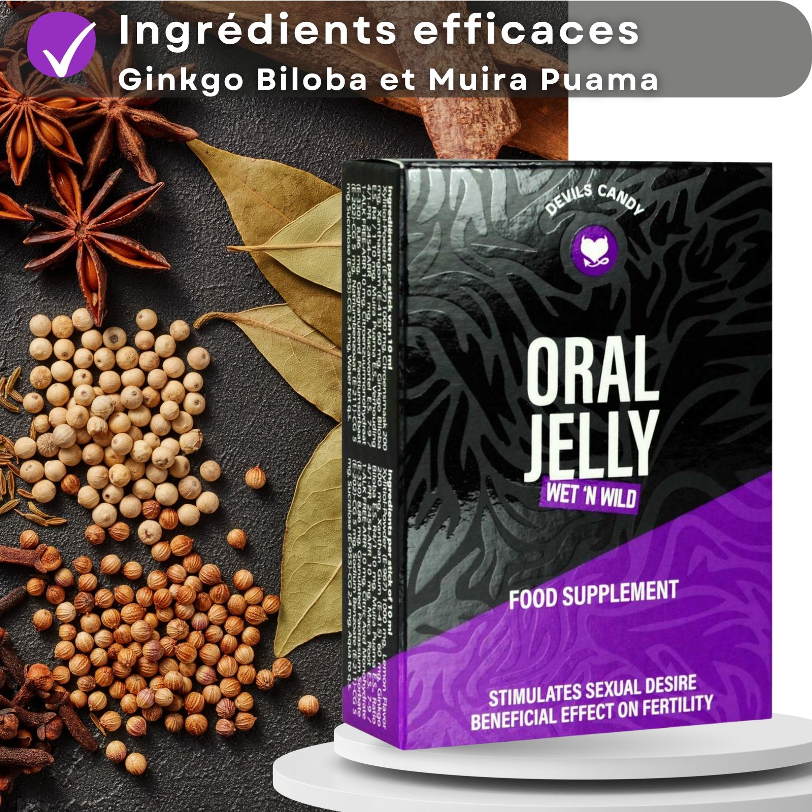 Emballage du produit avec texte. Épices et herbes en arrière-plan. Texte : Oral Jelly, Food Supplement.