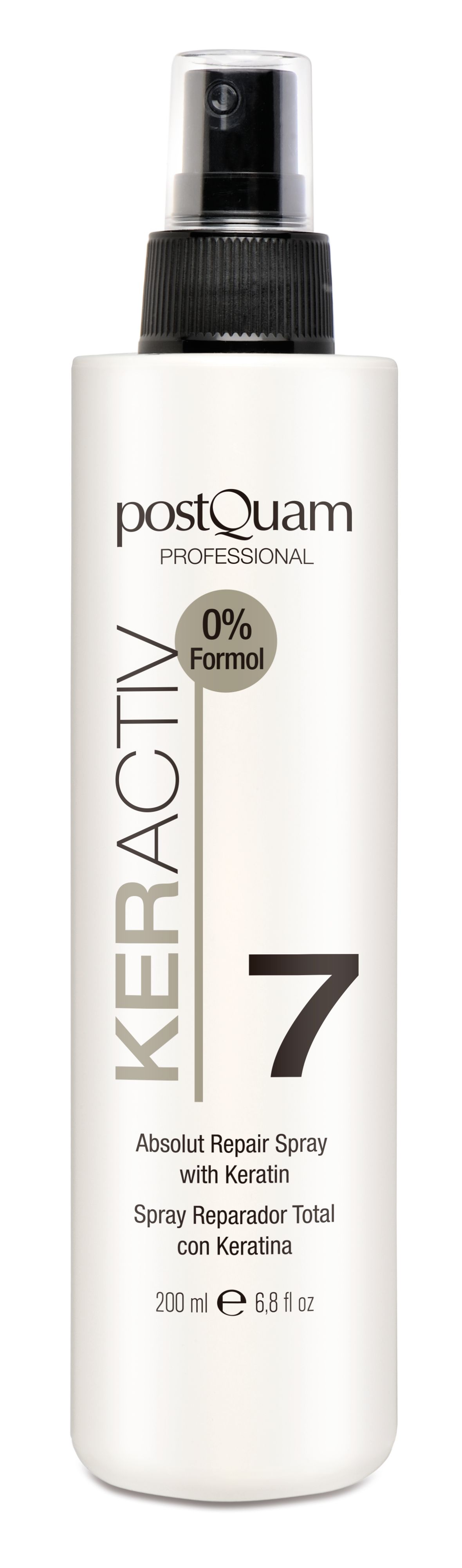 Wit spray met zwarte sproeikop. Opschrift: Postquam, Keractiv 7, Absolut Repair Spray with Keratin. 0% Formol.