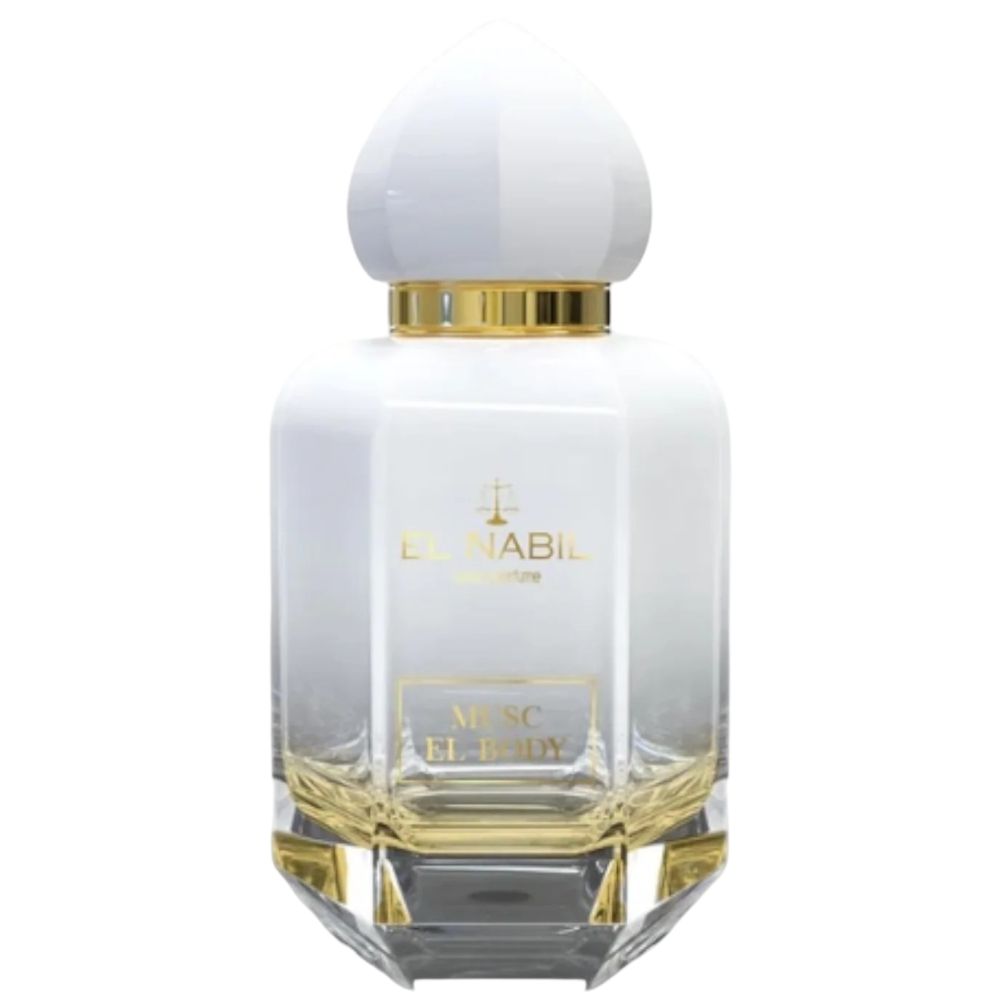 Flacon de parfum blanc, détails dorés. Inscription: Musk El Body. Marque: El Nabil.