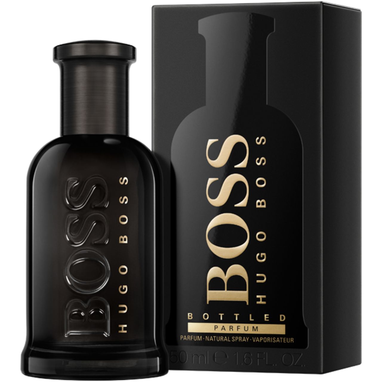 Zwarte fles en verpakking van Boss Bottled Parfum. Gouden belettering. Fles met verstuiver.