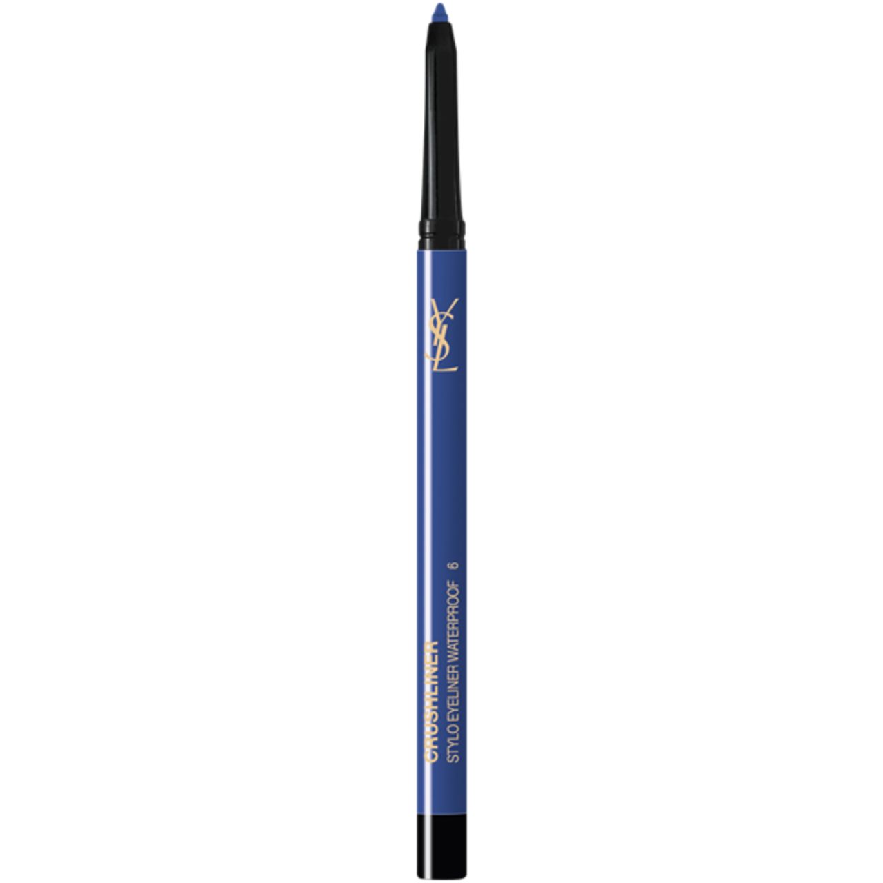 Crayon Yves Saint Laurent Crushliner Stylo WP bleu, pointe sortie. Logo et texte dorés.