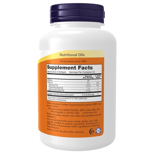 Dos de Now Foods Huile de pépins de courge 1000 mg. Affiche les informations nutritionnelles et les ingrédients.