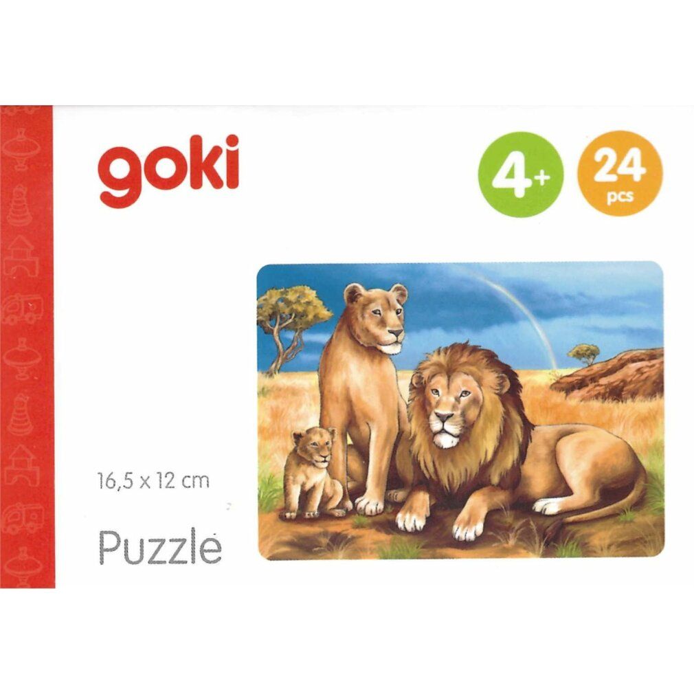 Puzzle Goki avec lions. 24 pièces, à partir de 4 ans. L'emballage montre des lions dans la savane. Dimensions : 16,5 x 12 cm.