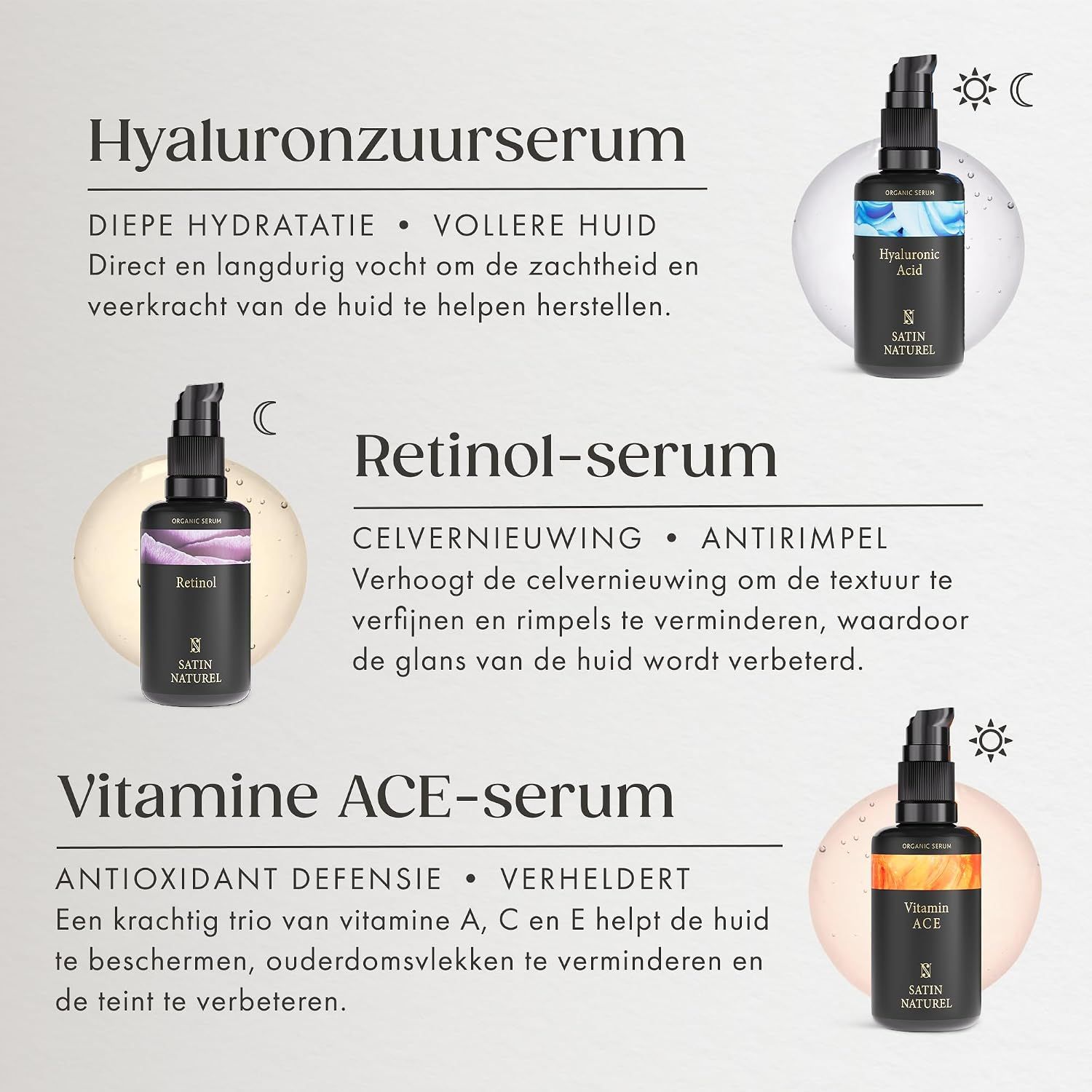 Ingrediëntenlijst serums: Retinol, Hyaluronzuur, Vitamine ACE. Met veiligheidsinformatie.