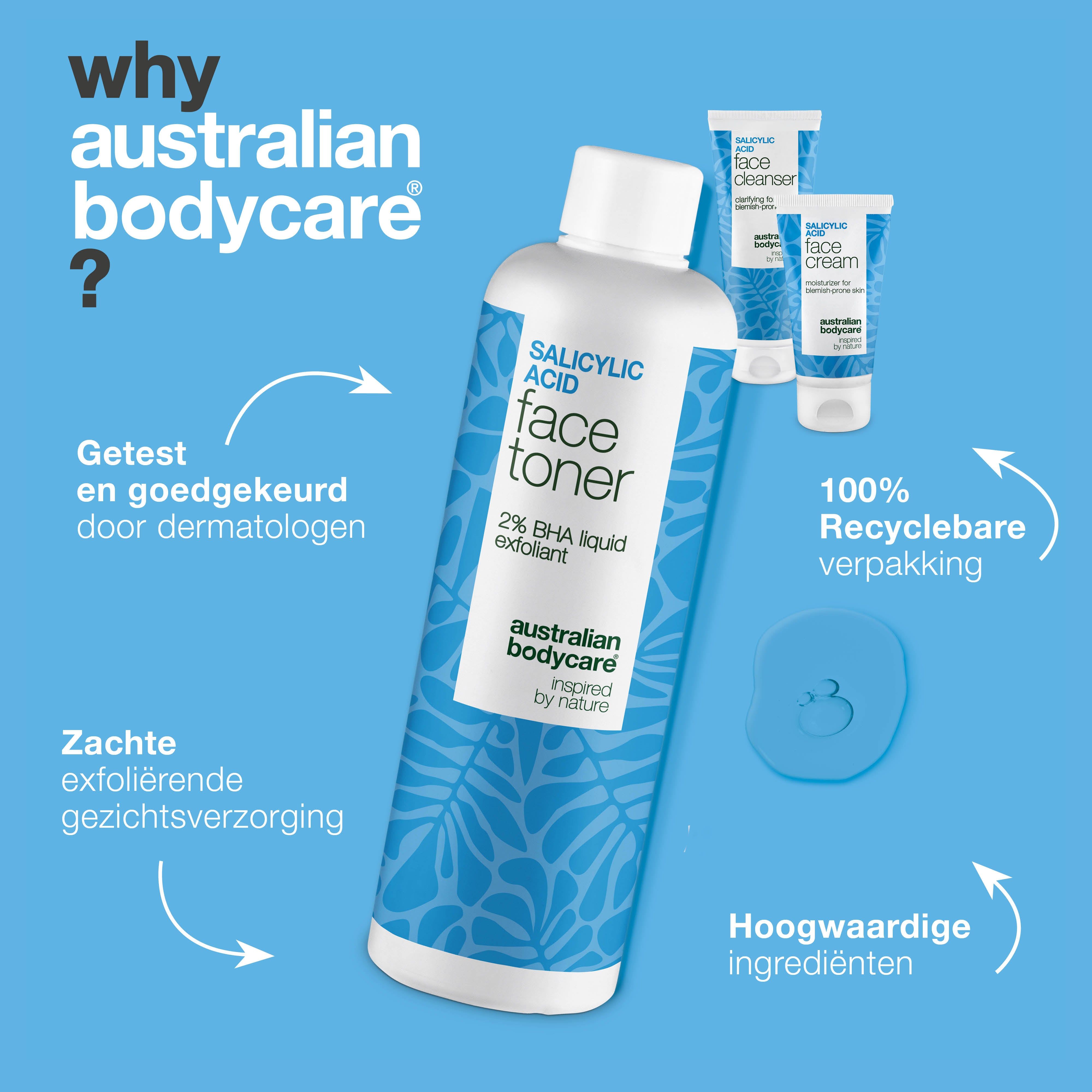 Gezichtstonic, reiniger en crème van Australian Bodycare. Tekst: Waarom Australian Bodycare?