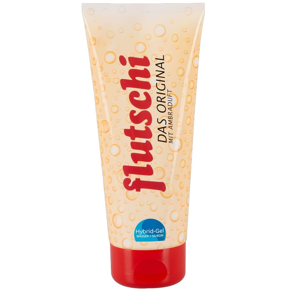 Tube à bouchon rouge. Inscription: flutschi, DAS ORIGINAL, MIT AMBRADUFT. Gel hybride.