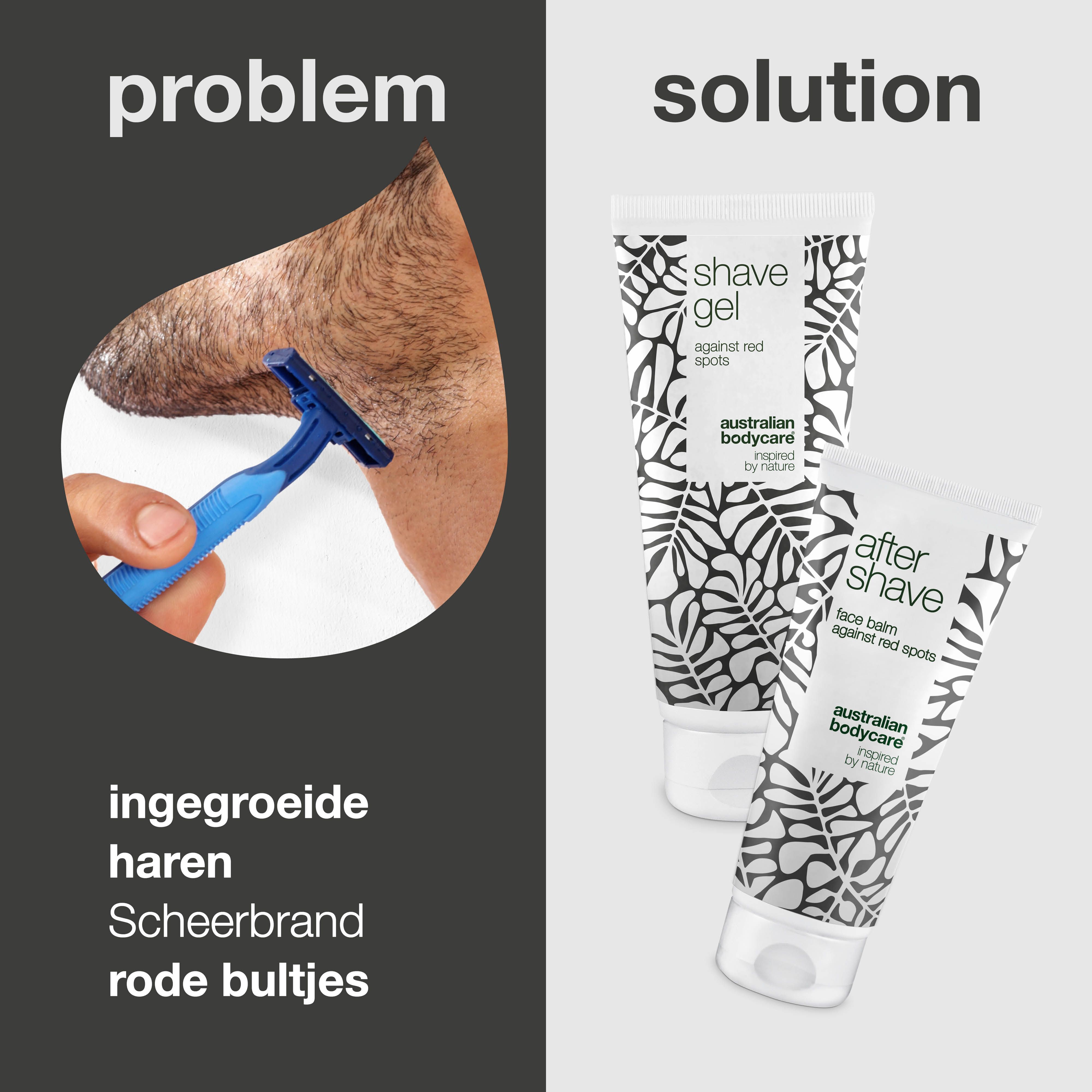 Probleem: ingegroeide haren, scheerbrand, rode bultjes. Oplossing: Shave Gel en After Shave van Australian Bodycare.