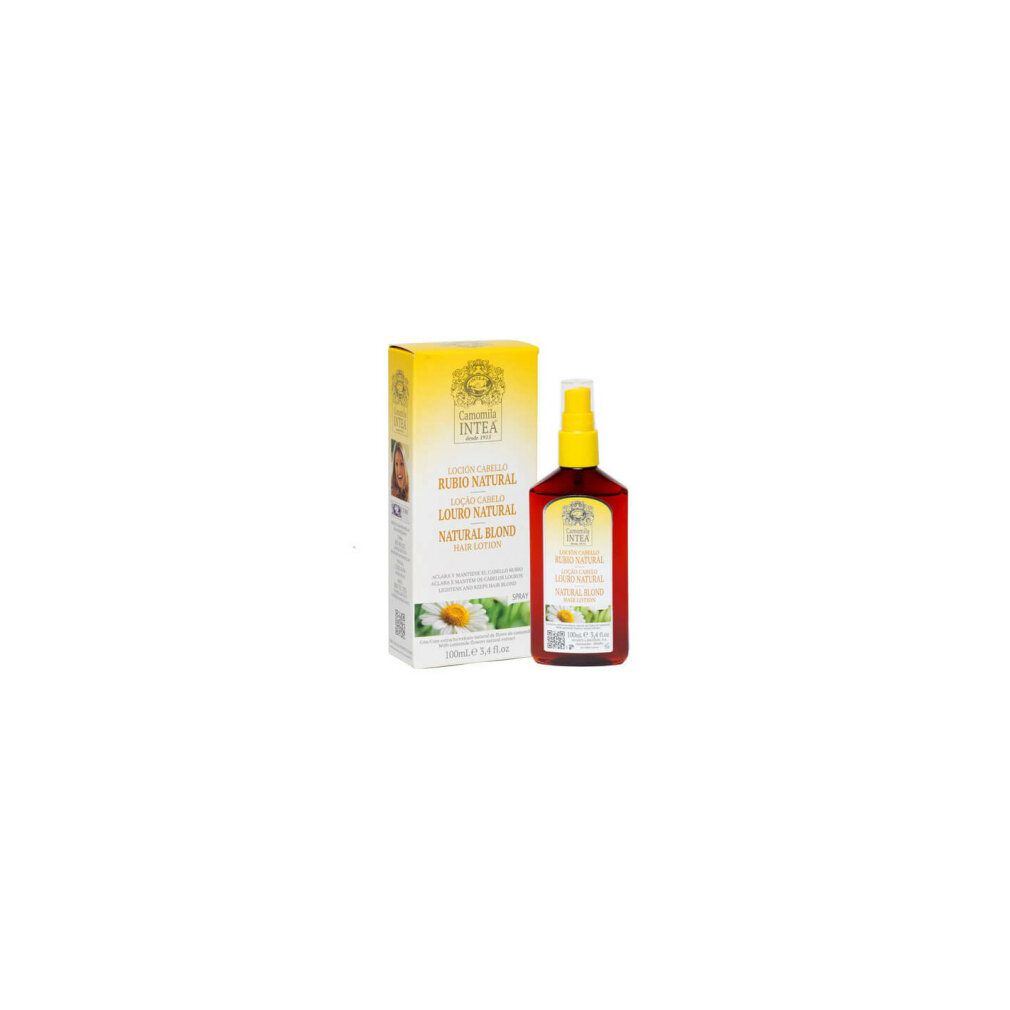 Bruine spuitfles met gele dop, 100ml. Bevat kamille-extract voor het lichter maken van haar.