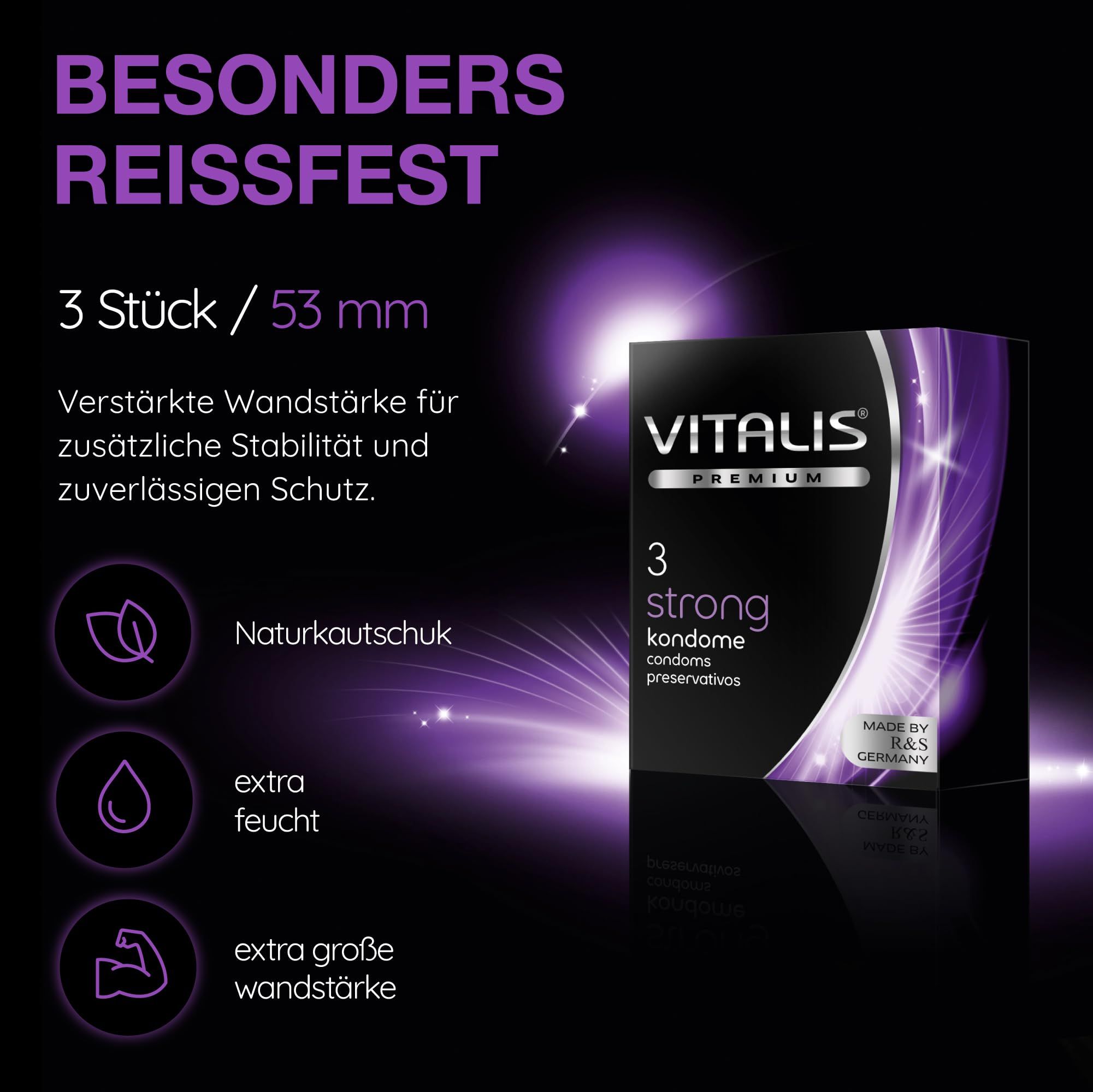 Vitalis Premium Strong condooms: 3 stuks, 53 mm. Scheurvast, natuurrubber, extra vochtig.