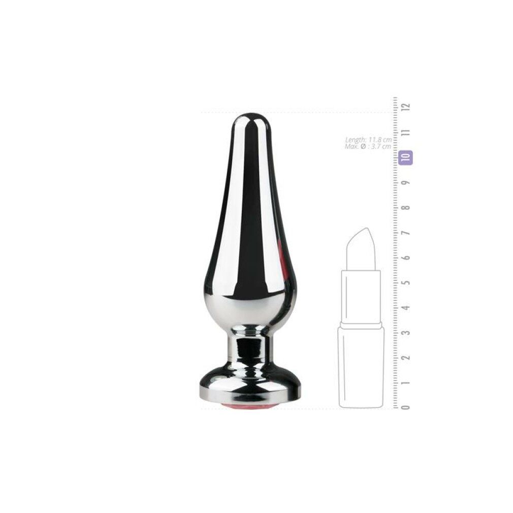 Plug anal conique en métal argenté, pierre rouge. Dimensions: 11,8 cm long, Ø 3,7 cm.