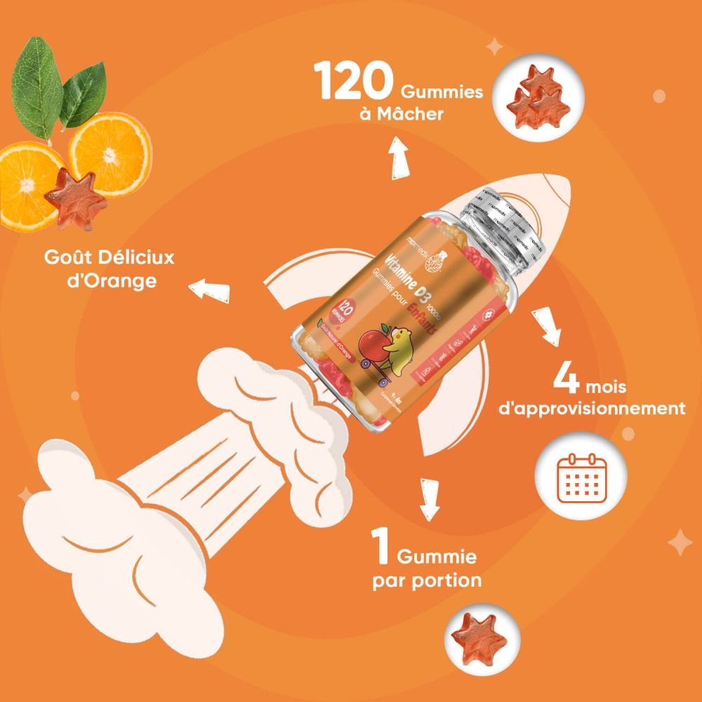 Enfant avec avion jouet. Illustrations : muscles, dents, os, système immunitaire, calcium. Texte : Vitamine D3.