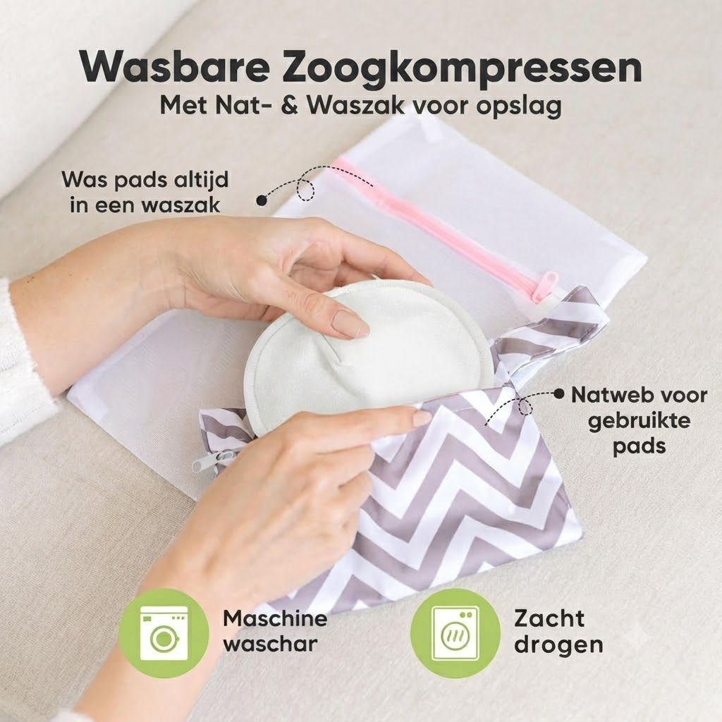 Wasbare zoogkompressen van witte stof, met een grijze natte tas met zigzagpatroon en een witte waszak.