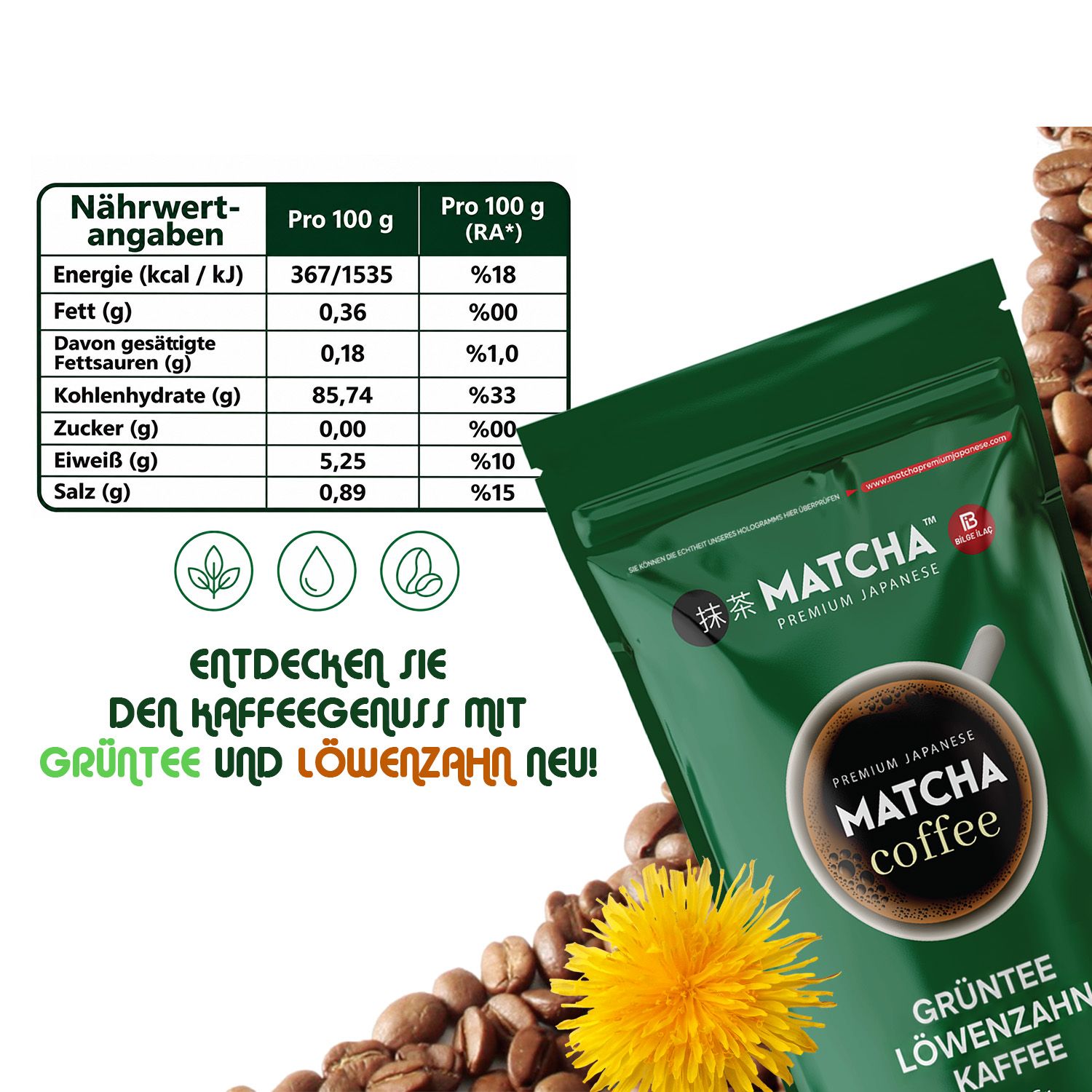 Bilge İlaç Premium Matcha Koffie met groene thee en paardenbloem