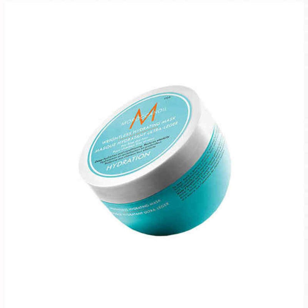Turquoise en witte pot. Opschrift: Moroccanoil, Weightless Hydrating Mask, Masque Hydratant Ultra-Léger, Hydration.