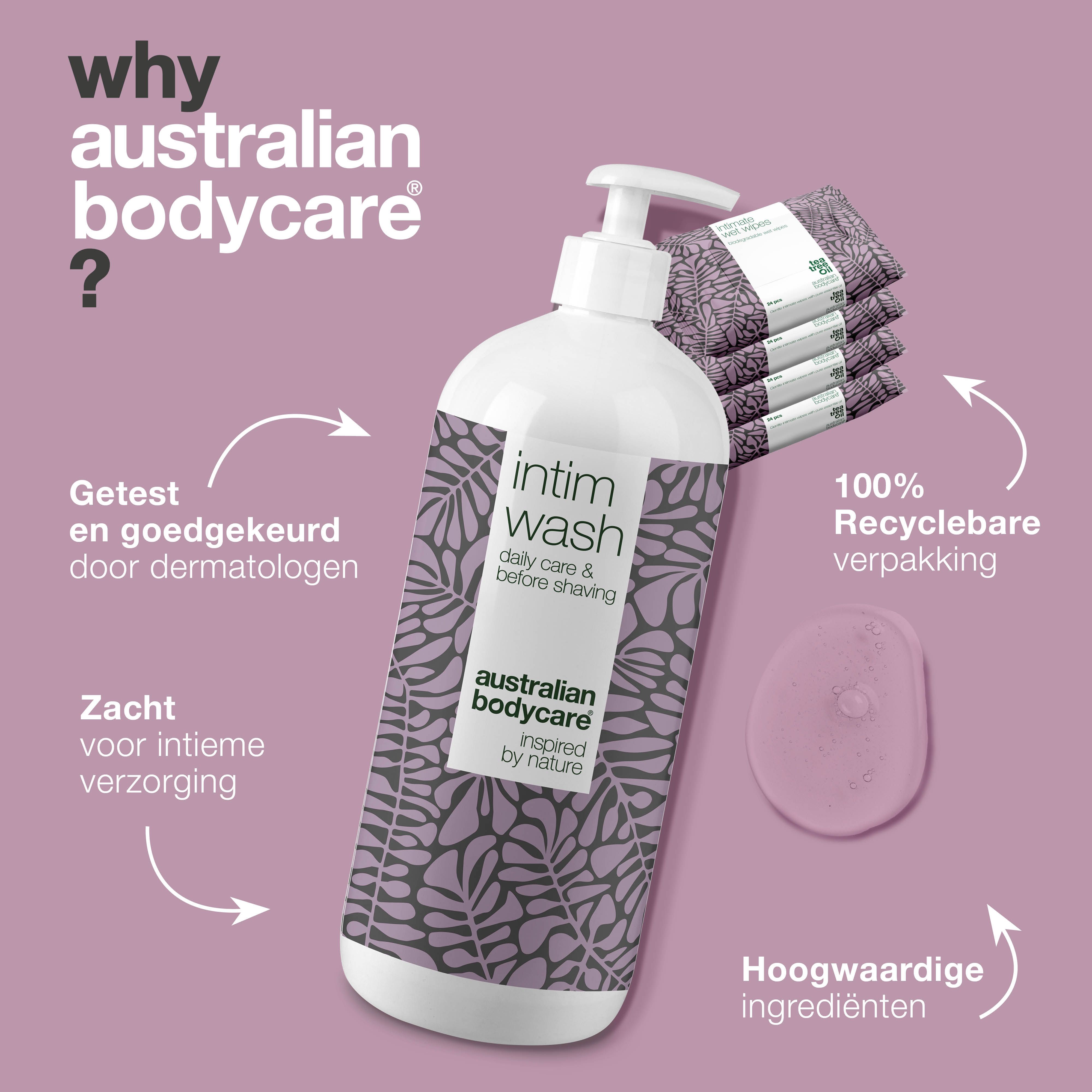 Waarom Australian Bodycare? Intieme wasgel, doekjes. Paarse achtergrond. Australian Bodycare.