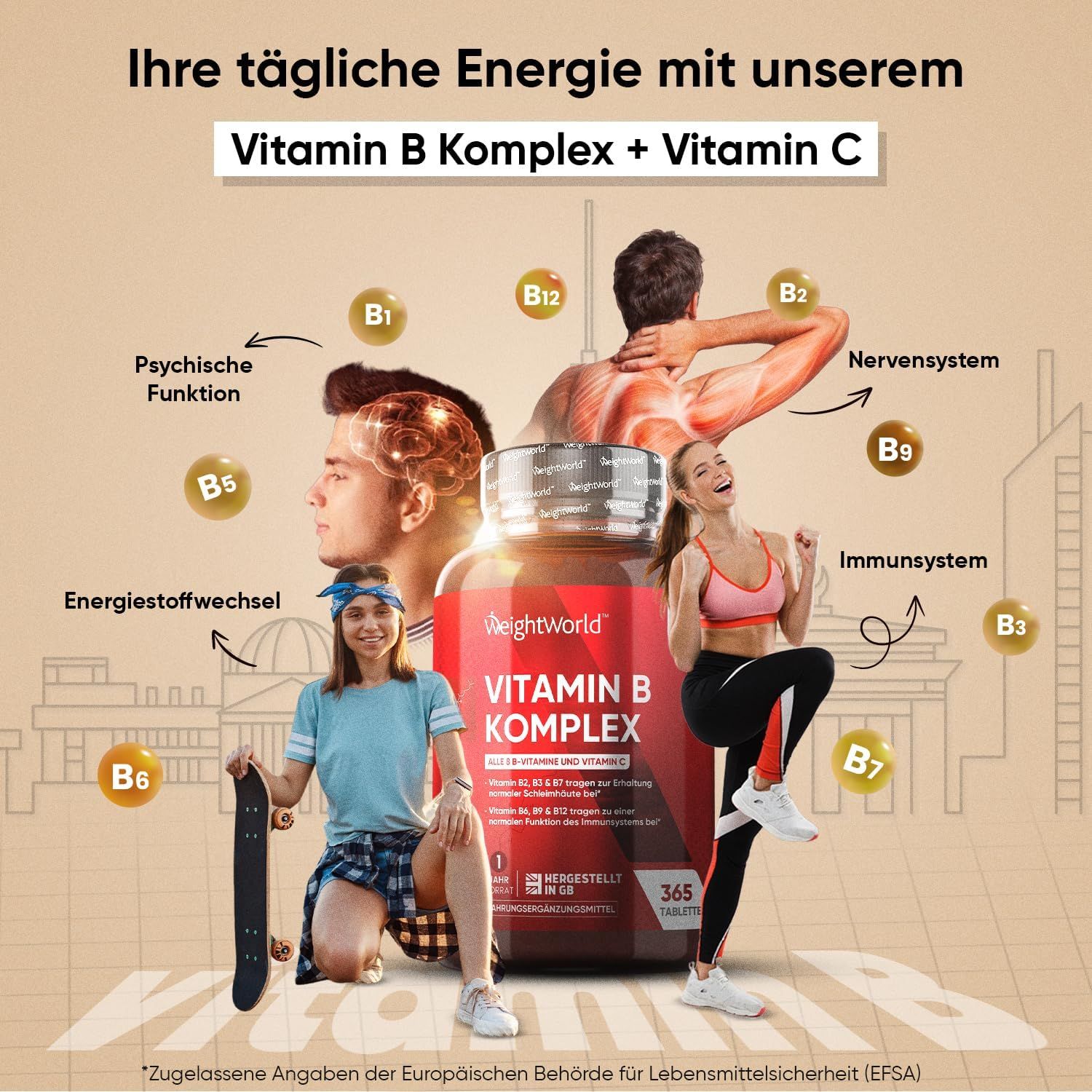 Image publicitaire avec flacon de Vitamine B Complexe. Personnes liées aux nerfs, au système immunitaire, à l'énergie. Texte : Vitamine B Complexe + Vitamine C.