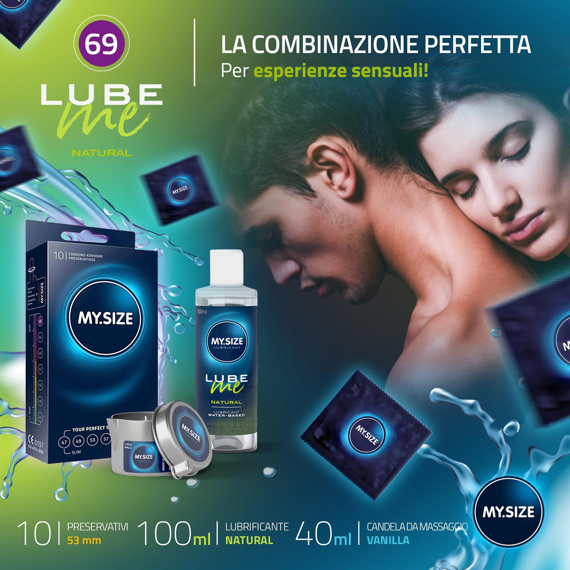 Préservatifs MY.SIZE, lubrifiant et un couple au second plan.
