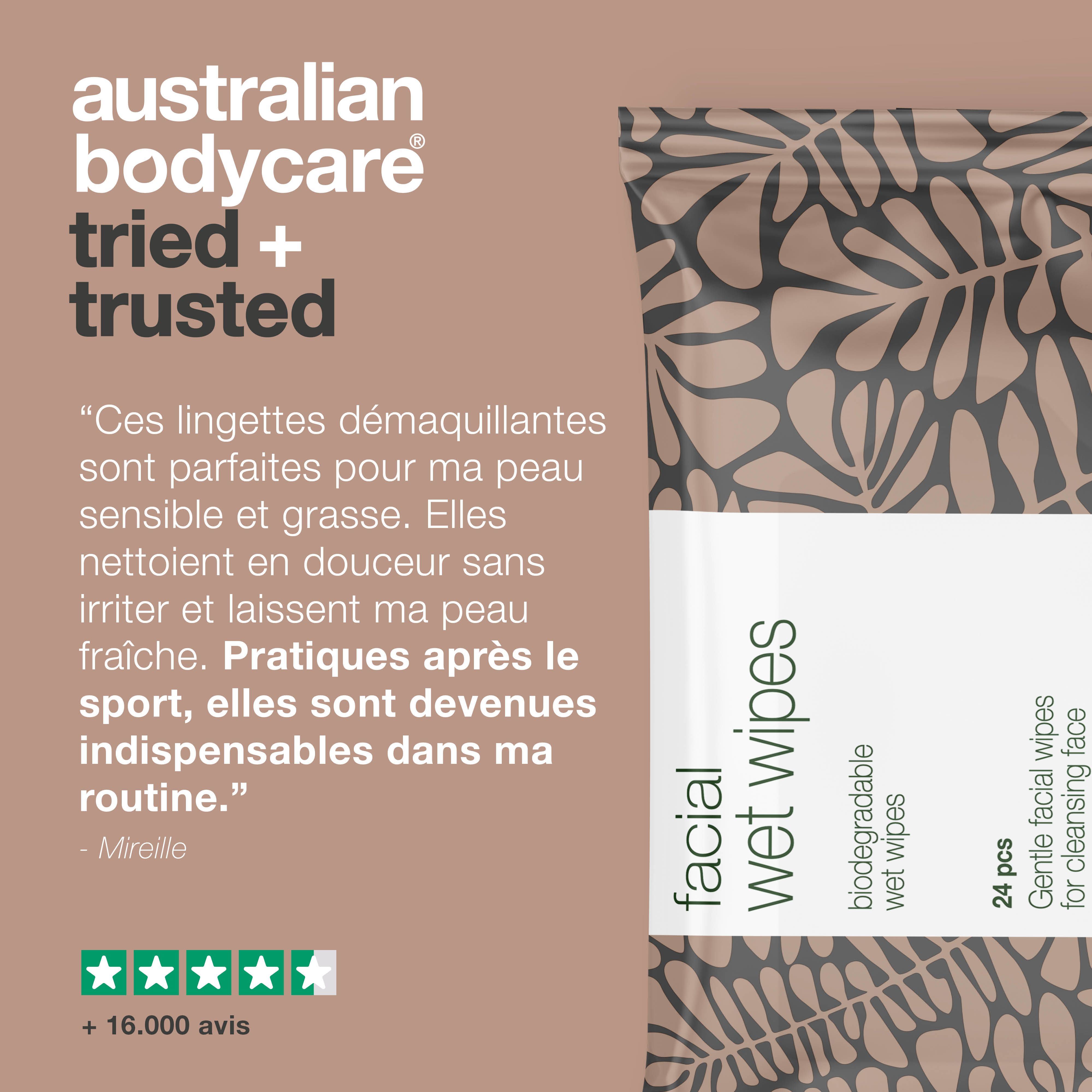 Paquet de lingettes. Texte: Australian Bodycare, Facial Wet Wipes, 24 pièces. Citation et évaluation 5 étoiles.