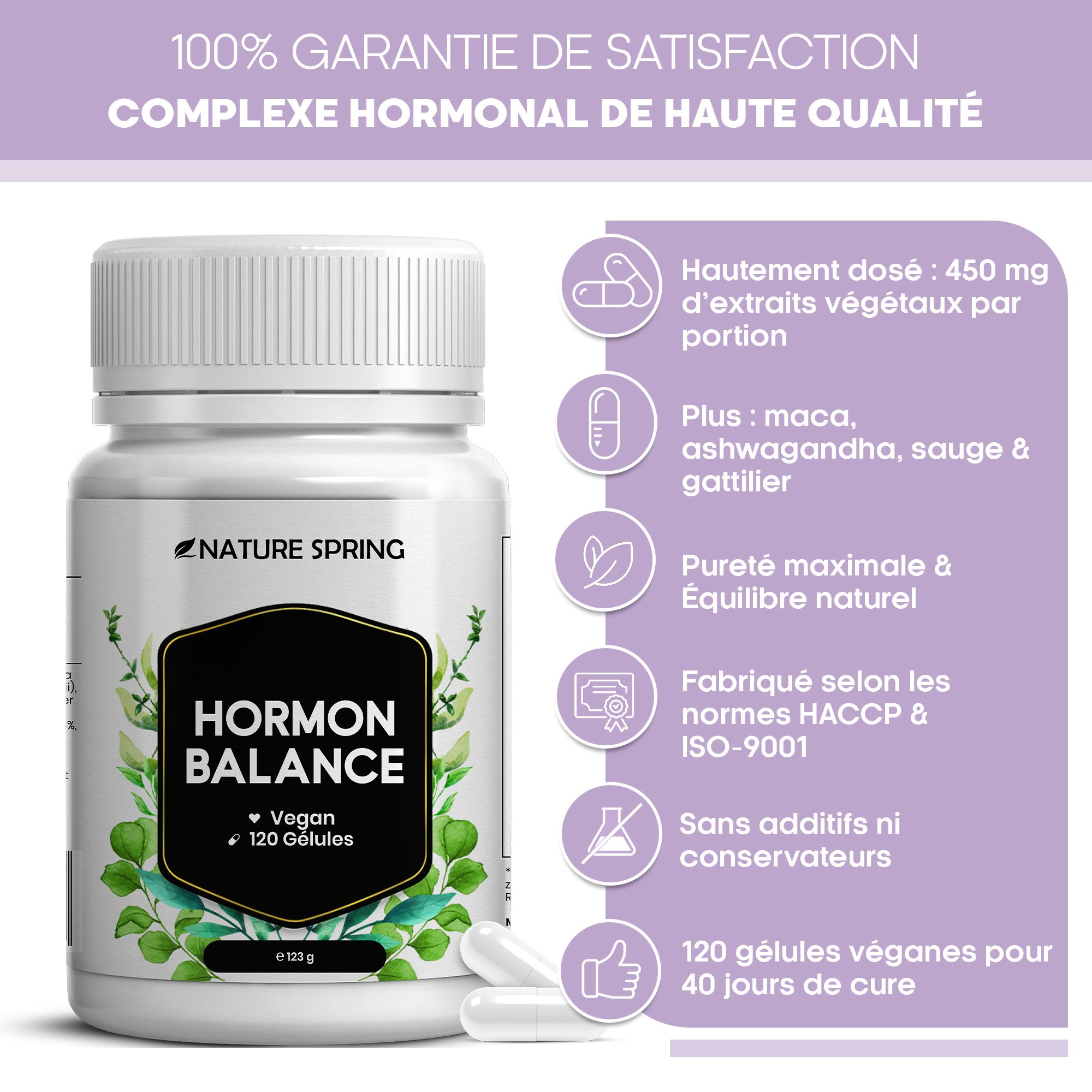 Pot Hormon Balance, 120 gélules véganes. Contient maca, ashwagandha, sauge, gattilier.