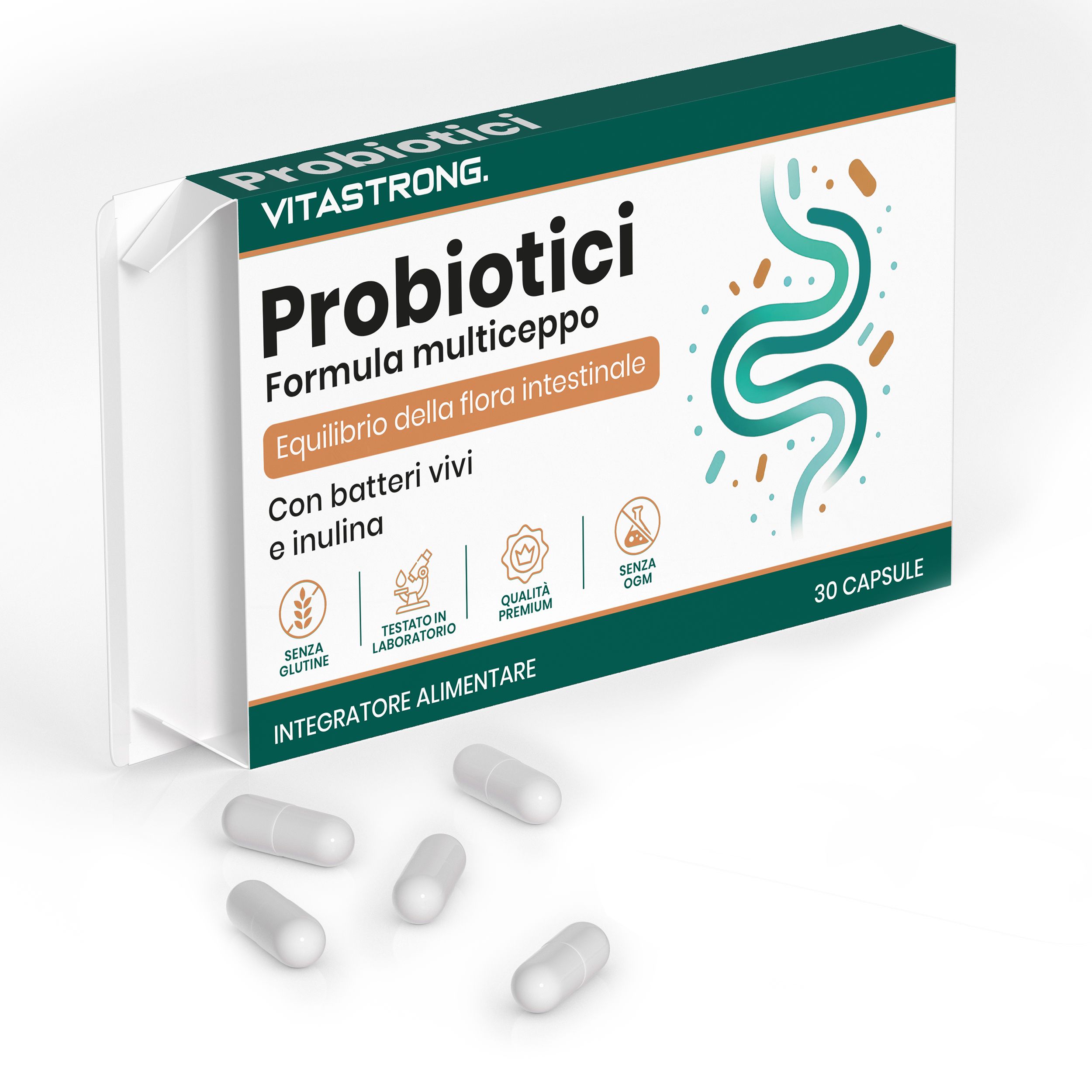 Doosje met capsules. Opschrift: Vitastrong Probiotici, Formula multiceppo, 30 capsules. Bevat levende bacteriën en inuline.