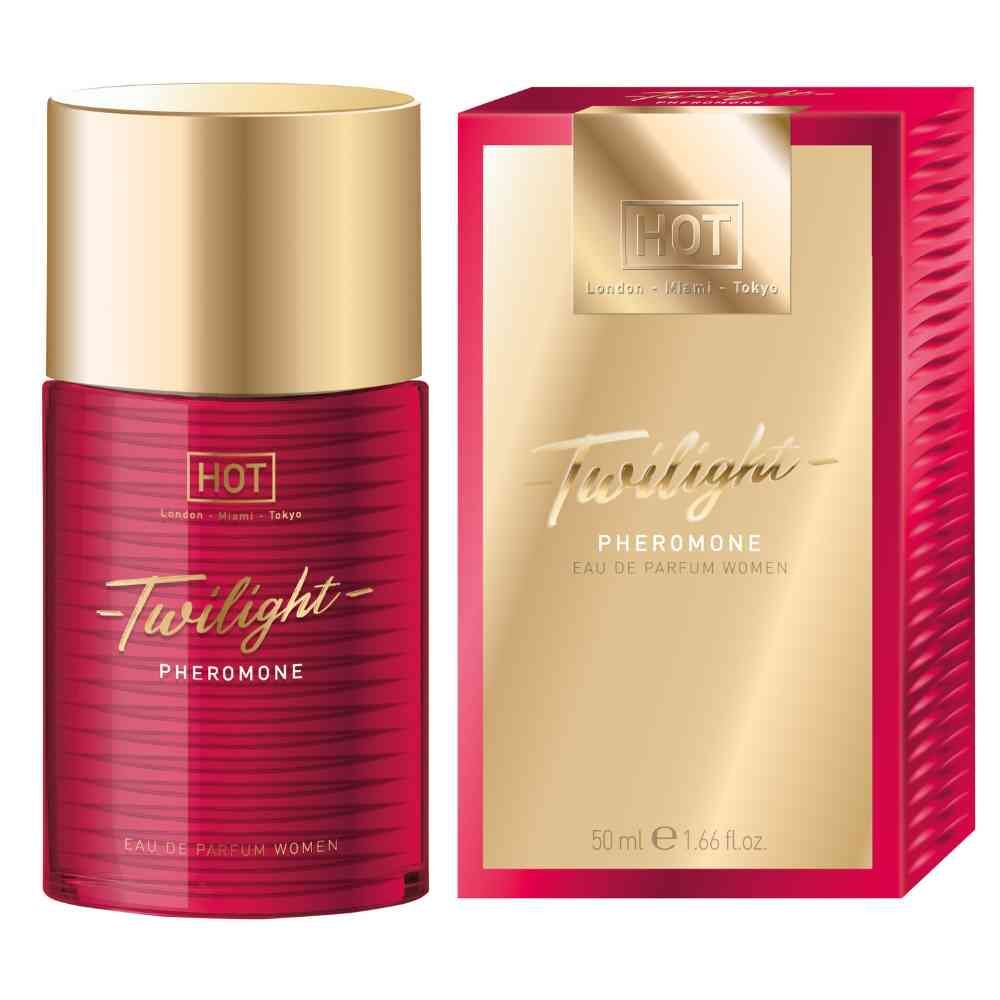 Twilight Pheromone Parfum voor dames in rode fles met gouden dop en doos.