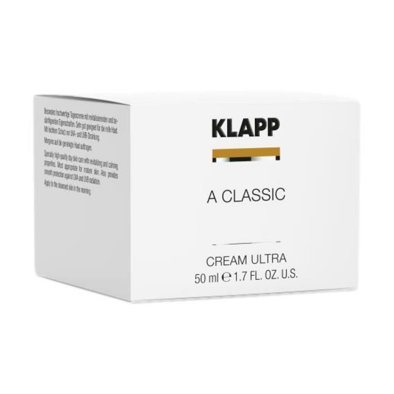 Witte verpakking met productinformatie. Opschrift: KLAPP, A Classic CREAM ULTRA, 50 ml.