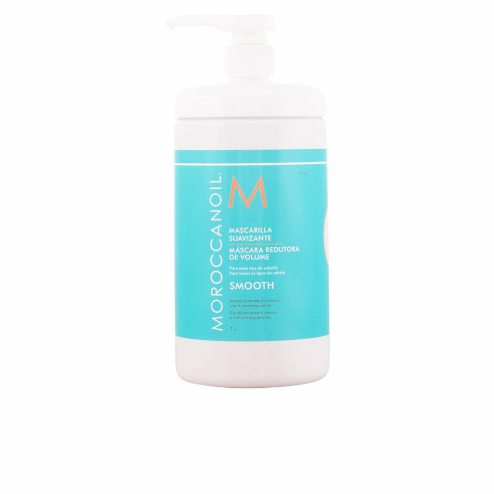 Witte fles met blauw etiket. Opschrift: Moroccanoil, Mascarilla Suavizante, M. Met pomp.