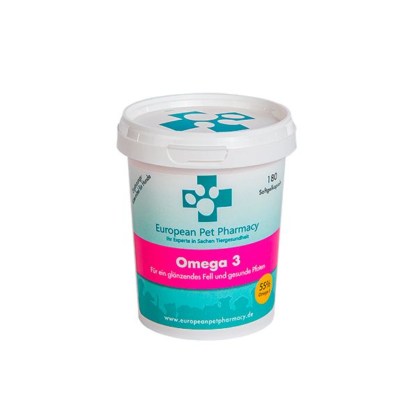 Emmer Omega 3. Witte deksel met logo. Roze en turquoise opdruk. Tekst: European Pet Pharmacy, Omega 3, voor een glanzende vacht en gezonde poten.