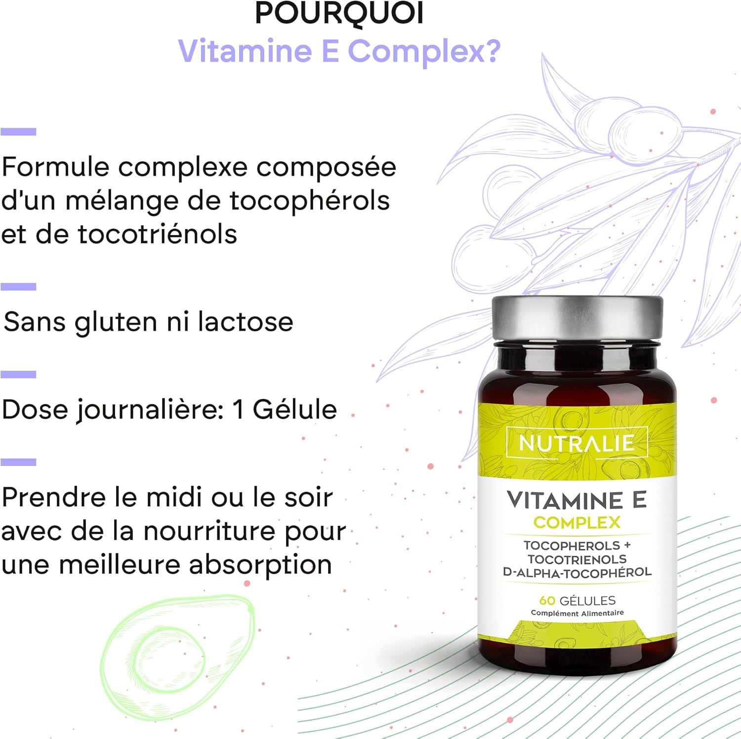Bouteille de Nutralie Vitamine E Complex contenant 60 gélules. La bouteille est marron foncé avec un bouchon argenté et une étiquette jaune.