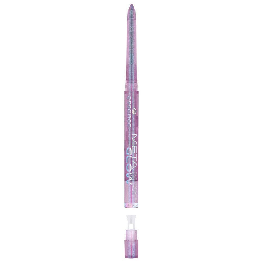 Kajalpotlood met Meta Glow-effect. Paars potlood met transparante dop en ingebouwde puntenslijper. Opschrift: META GLOW, essence.