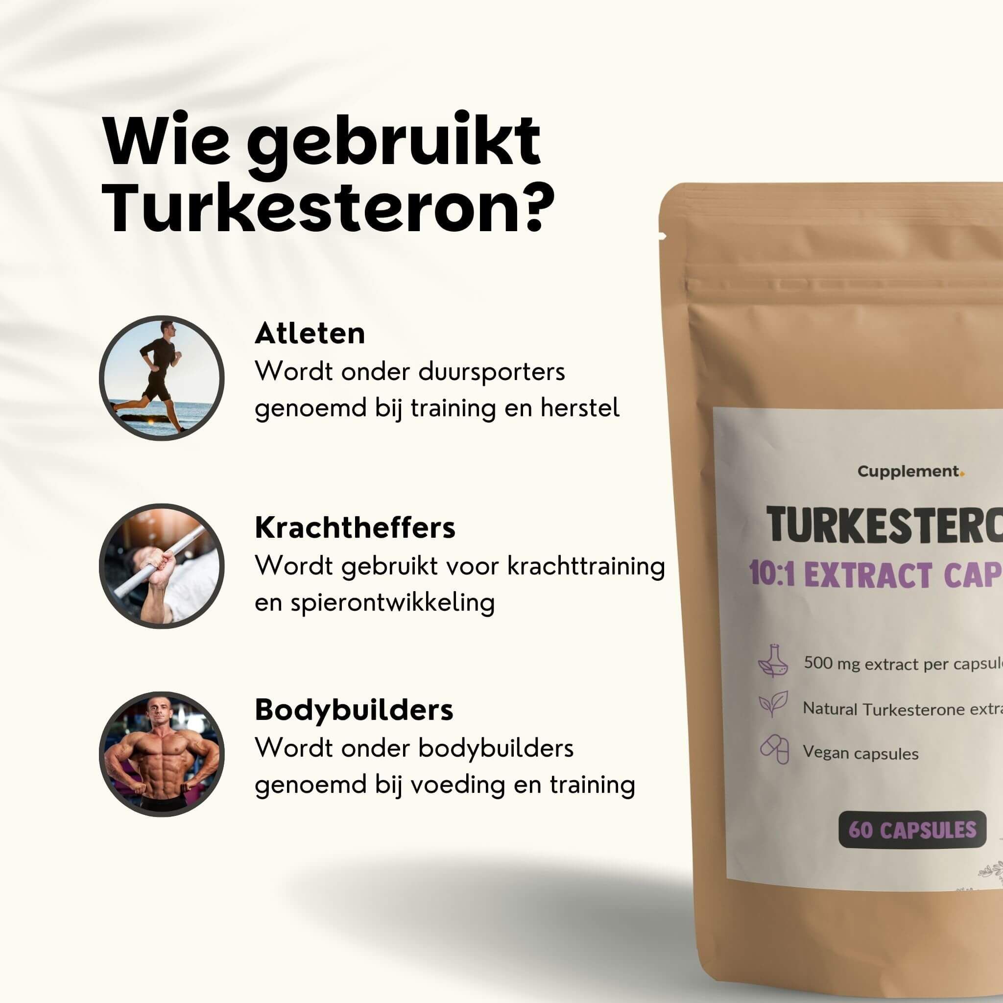 Zakje met capsules. Tekst: Turkesterone 10:1 Extract Capsules. 60 capsules. 500 mg extract per capsule. Atleten, powerlifters, bodybuilders.