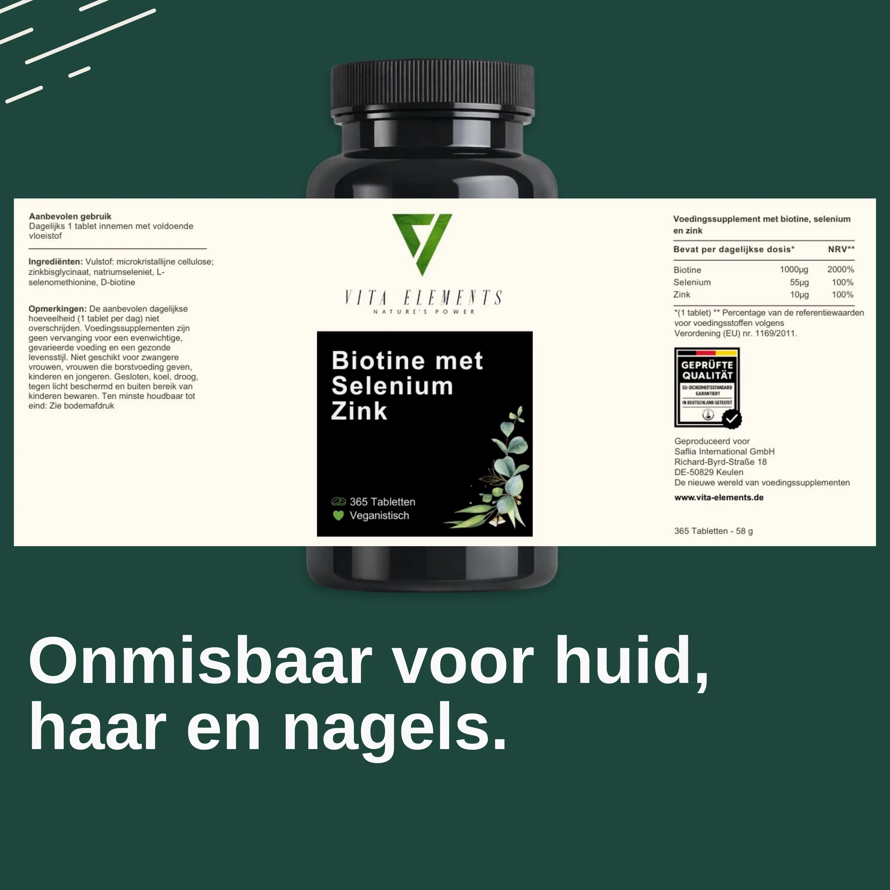 Vijf flessen Vita Elements: Kurkuma, Magnesium, Biotine, B-Complex, Magnesium.