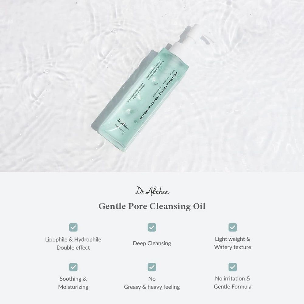Dr. Althea Gentle Pore Vegan Cleansing Oil in water, met kenmerken zoals 'Deep Cleansing'.