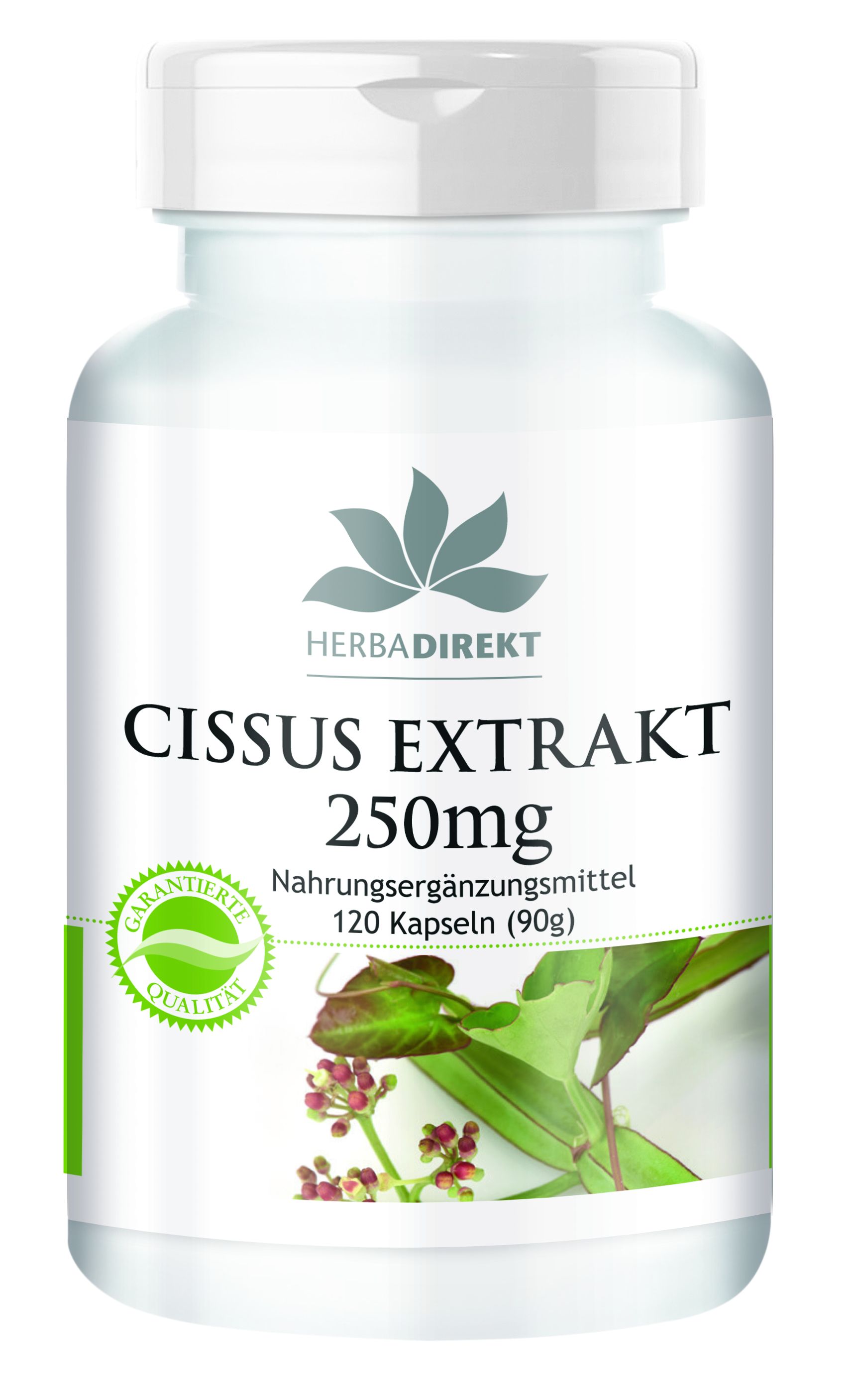 Witte fles met capsules. Opschrift: Cissus Extrakt 250mg. HerbaDirekt logo. Groen-wit kwaliteitszegel. 120 capsules.