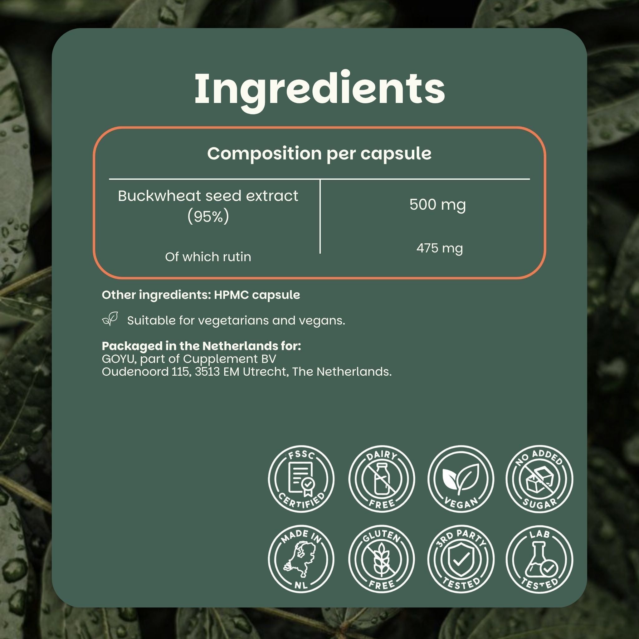 Aperçu des ingrédients : Extrait de sarrasin (95%) 500 mg, dont rutine 475 mg. Gélule HPMC. Certifications : FSSC, sans produits laitiers, vegan, sans sucres ajoutés.