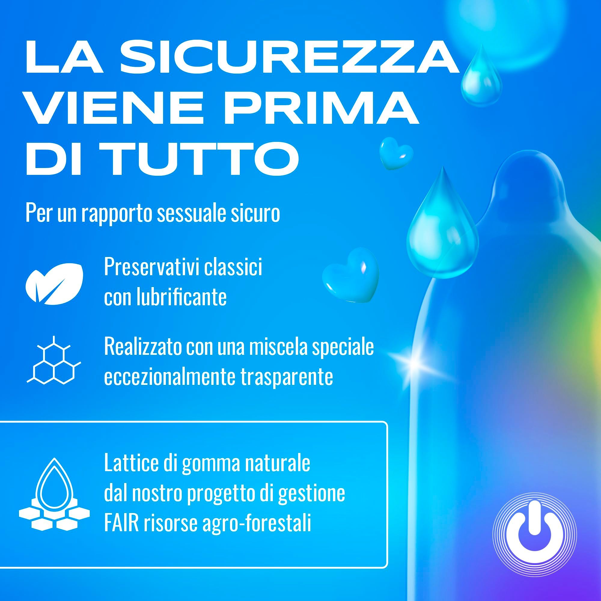Gros plan d'un préservatif ON) Natural Feeling transparent, avec caractéristiques produit.