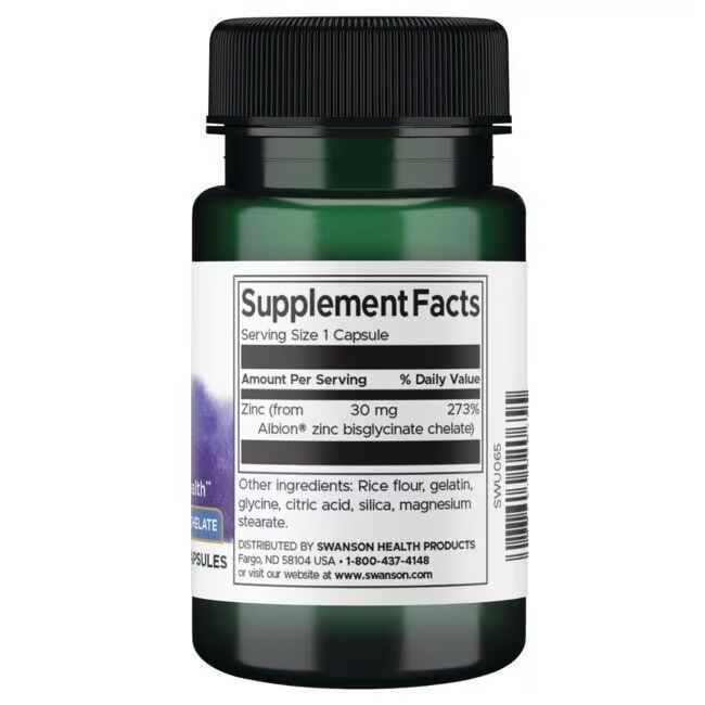 Achterkant groene fles. Label met voedingsfeiten: Zink (30 mg), ingrediënten, fabrikant informatie.