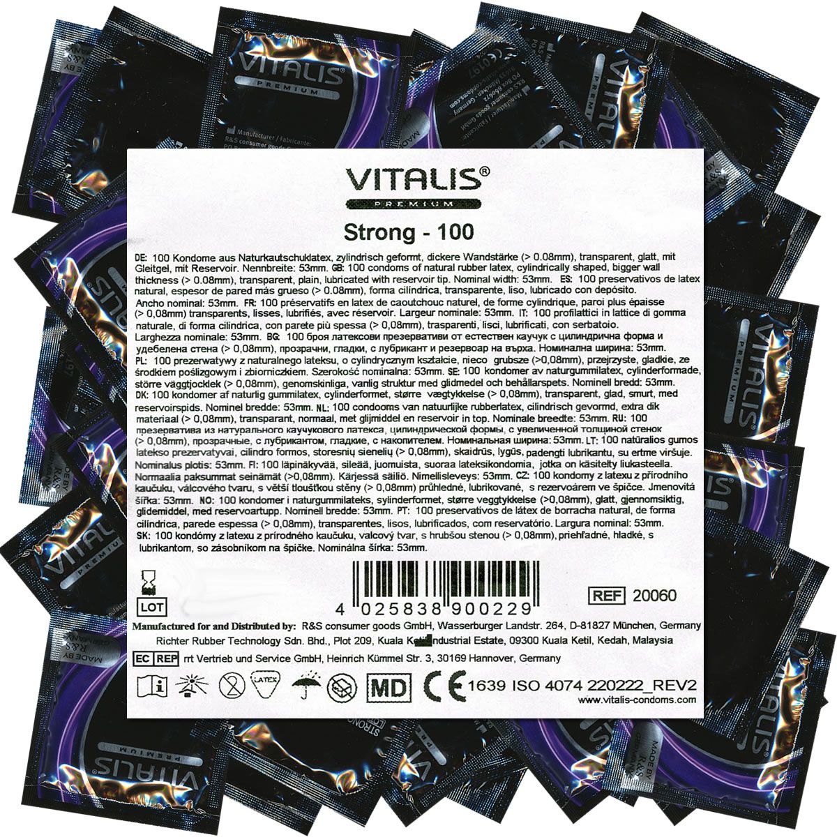 Verpakking met condooms. Opschrift: VITALIS PREMIUM Strong - 100. Met kwaliteitsmerk en lotnummer.