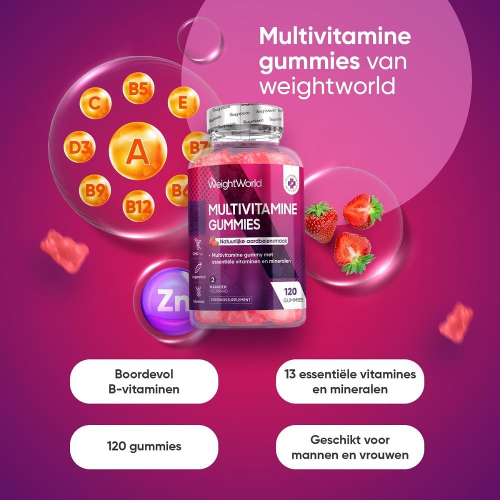 WeightWorld Multivitamine Gummies. 120 stuks. Bevat 13 vitaminen en mineralen. Voor mannen en vrouwen.