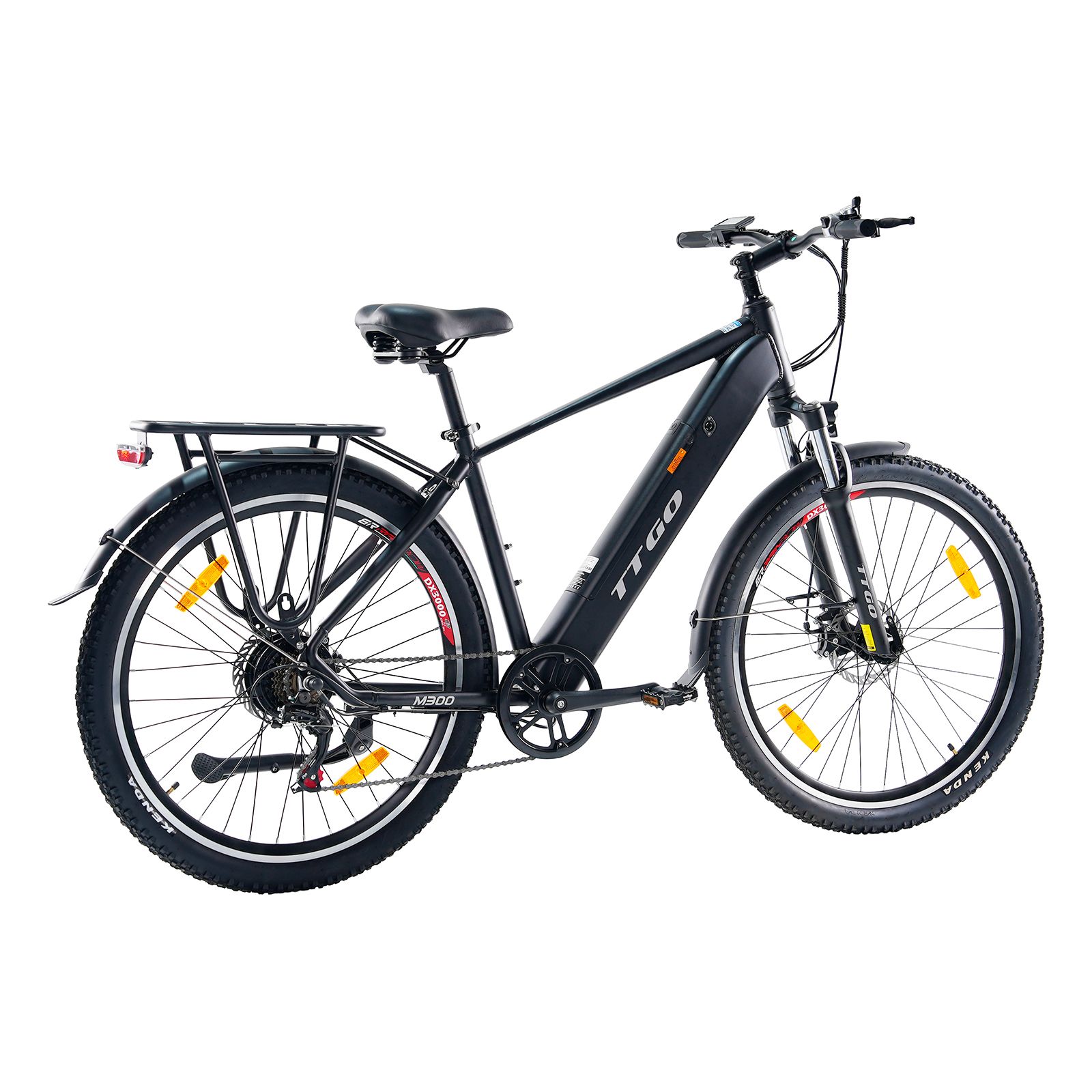 Zwarte TTGO M300 elektrische fiets. Bagagedrager, spatborden, gele reflectoren. Kenda banden.